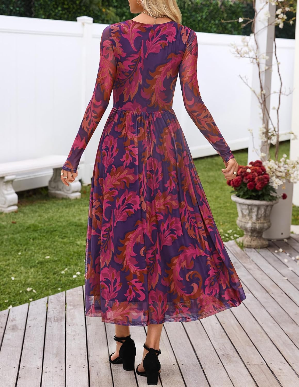 MEROKEETY Women's Long Sleeve Spring Wedding Guest Dress 2026 Crewneck Floral Flowy Mesh Cocktail Maxi Dresses - Image 3