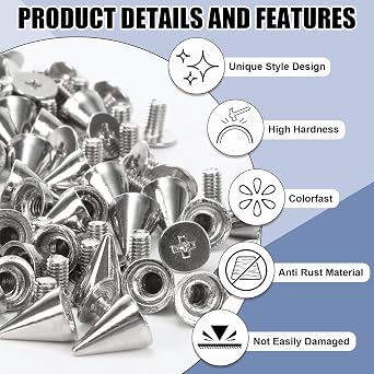 200 Pcs Cone Spikes Studs, 7x10mm, Metal, Colorfast, with Screwdriver