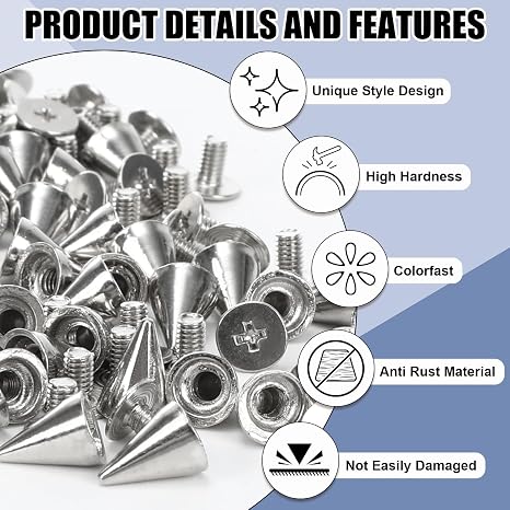200 Pcs Cone Spikes Studs, 7x10mm, Metal, Colorfast, with Screwdriver