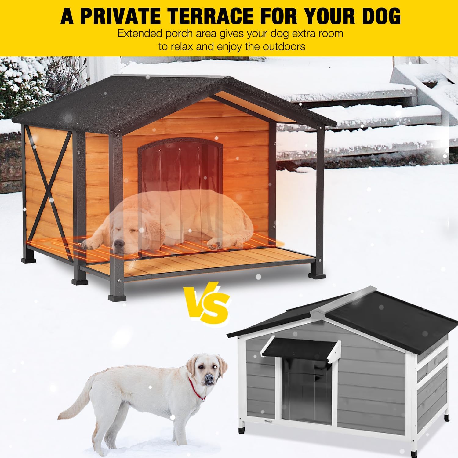 AIVITUVIN Heated Outdoor Dog House - Weatherproof Insulated Wooden Shelter with Iron Frame, Large Porch for Medium & Large Dogs, Indoor/Outdoor Kennel(XL)