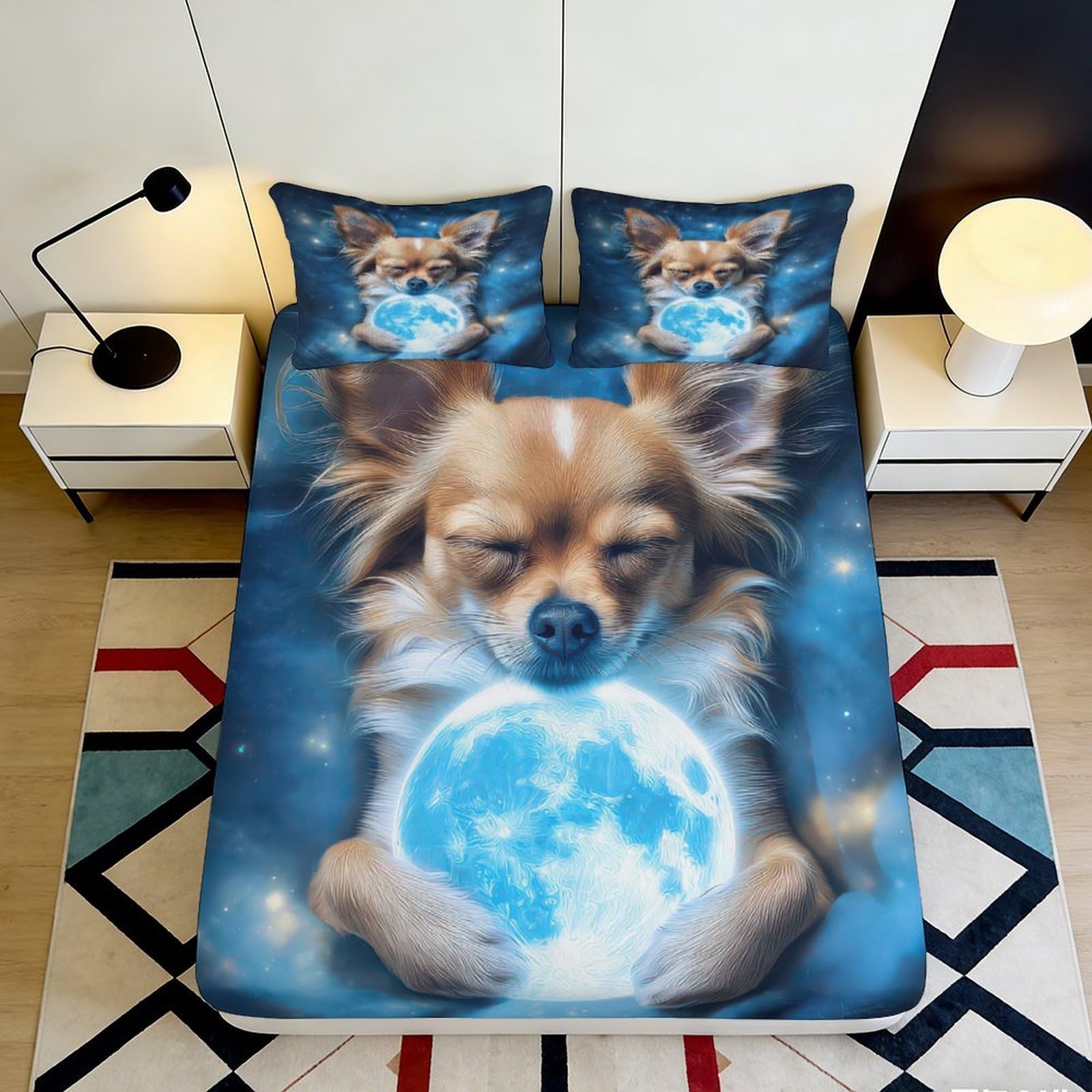 3D Printed Sleeping Chihuahua Fitted Sheet Microfiber Soft Breathable Blue Moon Bed Cover for Bedroom Dormitory Guest Room Mattress Protection 120x200x25cm