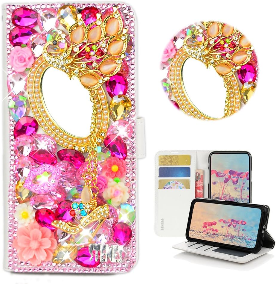STENES Bling Case Compatible with Huawei Ascend XT2 Case - 3D Handmade Crystal Girls Mirror Peacock Pendant Flowers Wallet Credit Card Slots Fold Stand Leather Cover - Pink