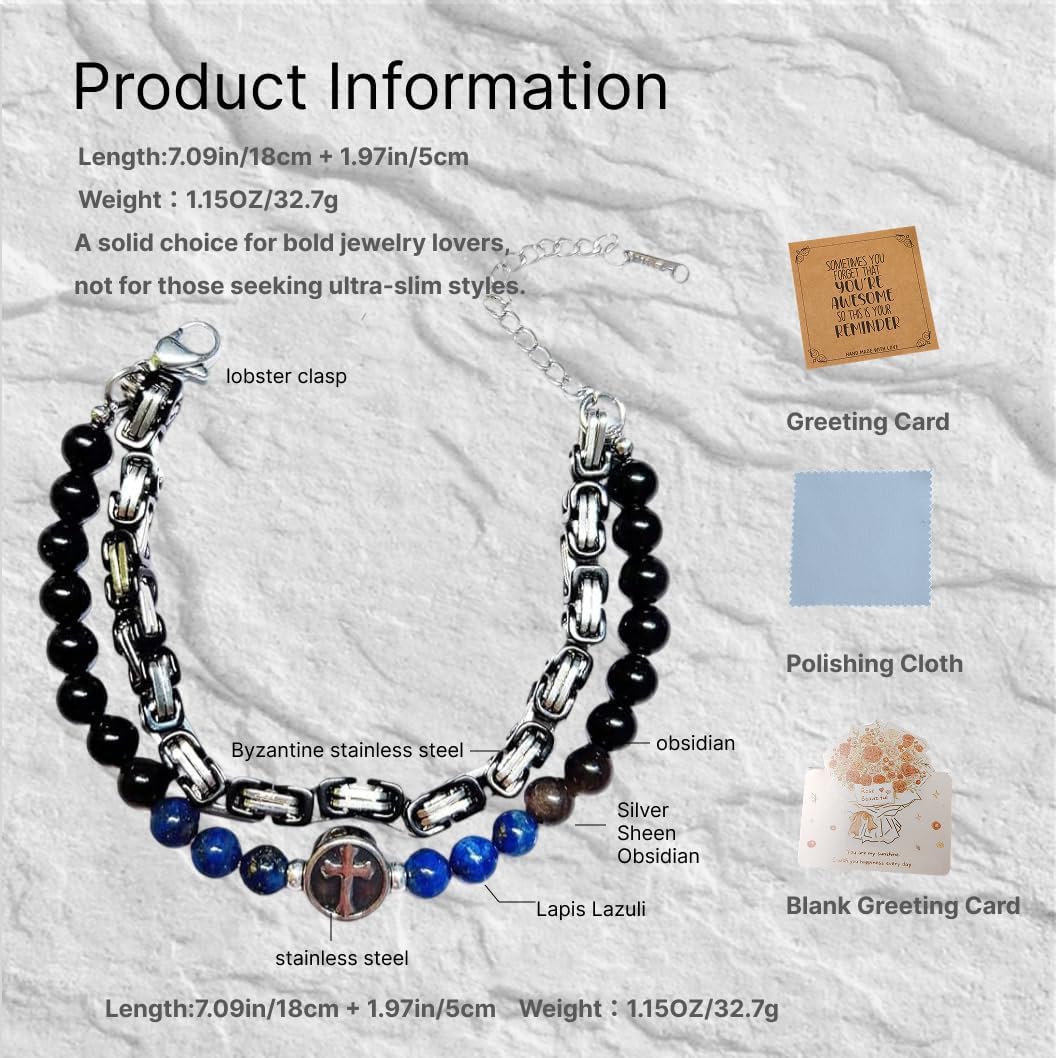 2Pcs Men's Bracelet Set - Byzantine Stainless Steel Chain & Natural Stone Cross Bracelet, Tiger Eye Obsidian Triple Protection Jewelry, Religious Easter Birthday Gifts for Him Men