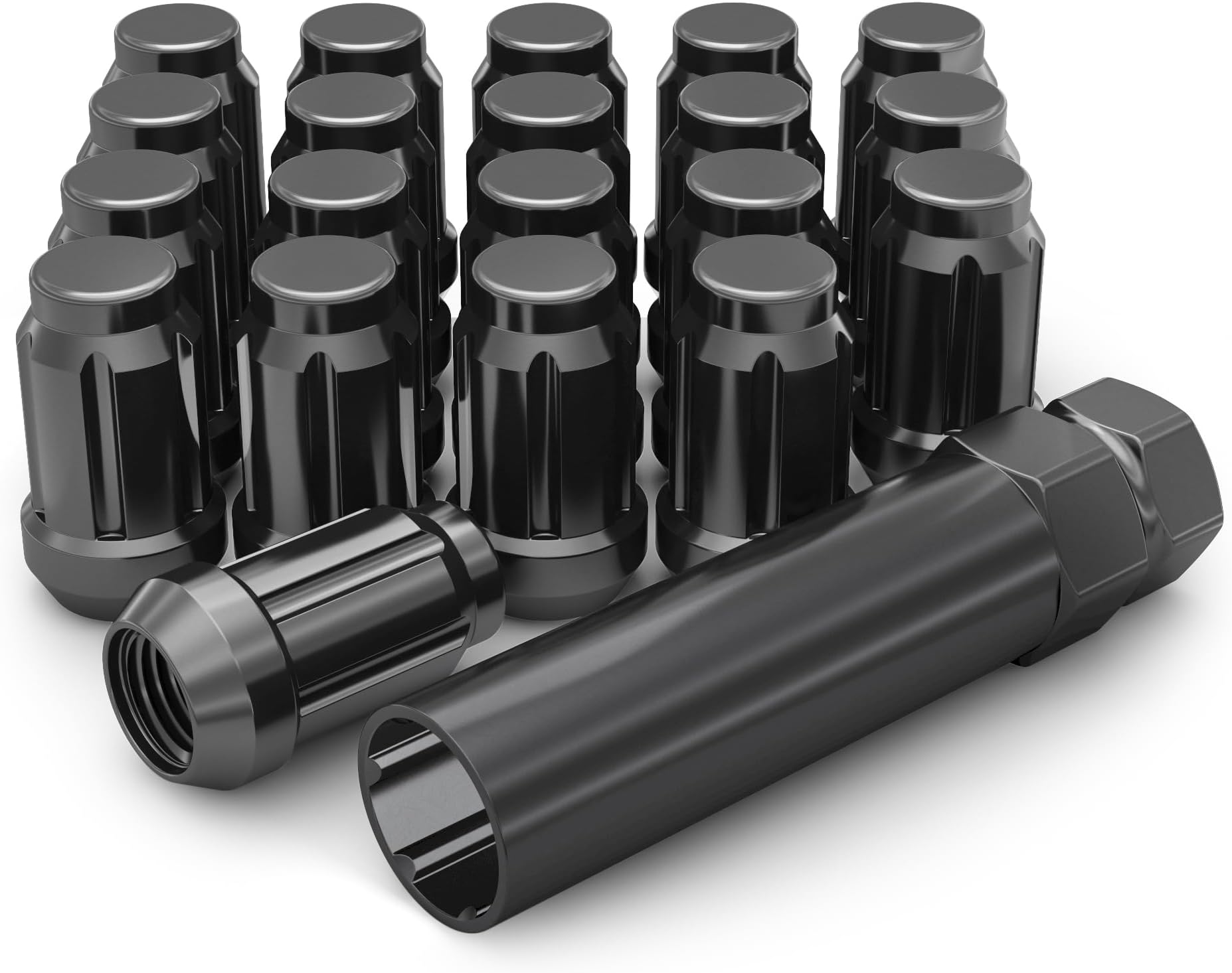 3804BK-20AM (Black Chrome) 1/2"-20 Spline Lug Nut with Key, 20 Pack (for AFTERMARKET Wheels with Smaller 0.80" Diameter Seating)