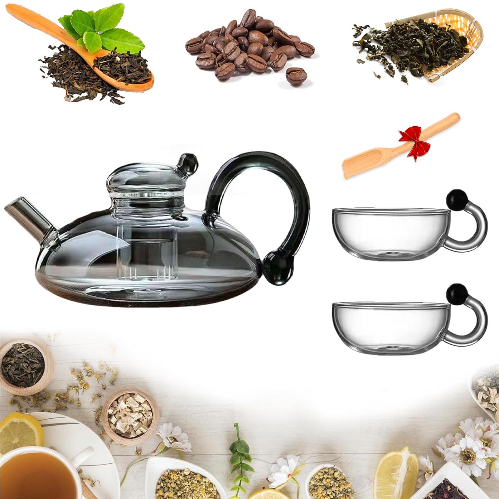 Tetera de doble cristal con infusor extraíble Incluye 1 tetera de cristal con infusor 2 tazas de espresso(Gray+Pearl Cup)
