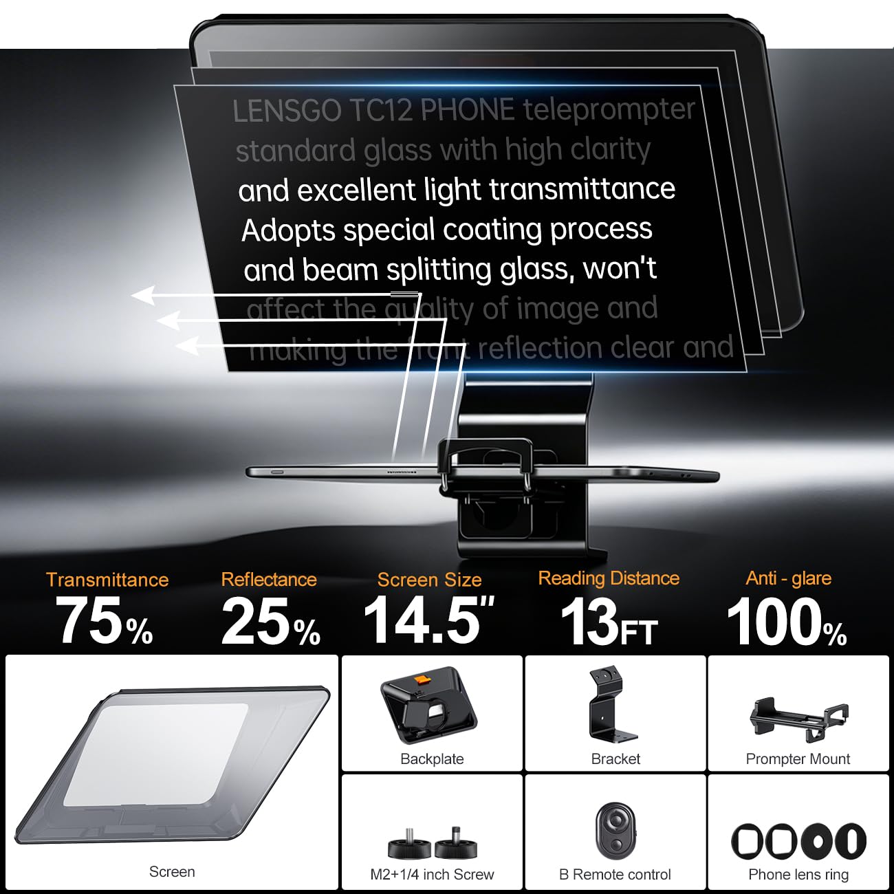 LENSGO TC12P Teleprompter für Smartphone, 11,98 Zoll HD Weitwinkel unterstützt iPad/Tablet bis zu 18,5 cm - Beam Splitter Glas mit Bluetooth Fernbedienung - Weitwinkel Unterstützung für YouTube