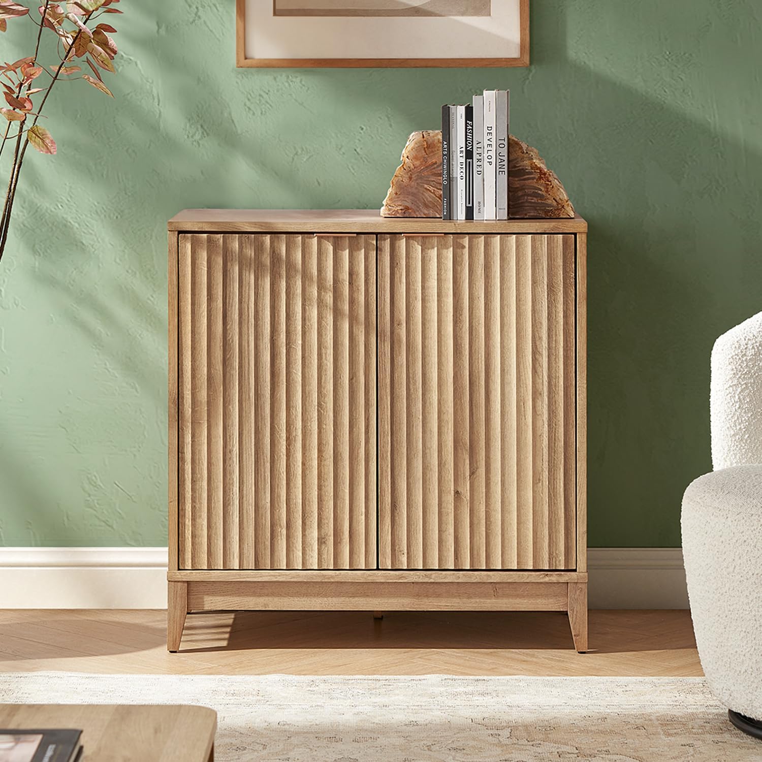 Mopio Brooklyn Storage Cabinet, Modern Farmhouse Entryway Accent, Wood Organizer with Doors & Shelf, Fluted Panel Cupboard (Oak, Single)