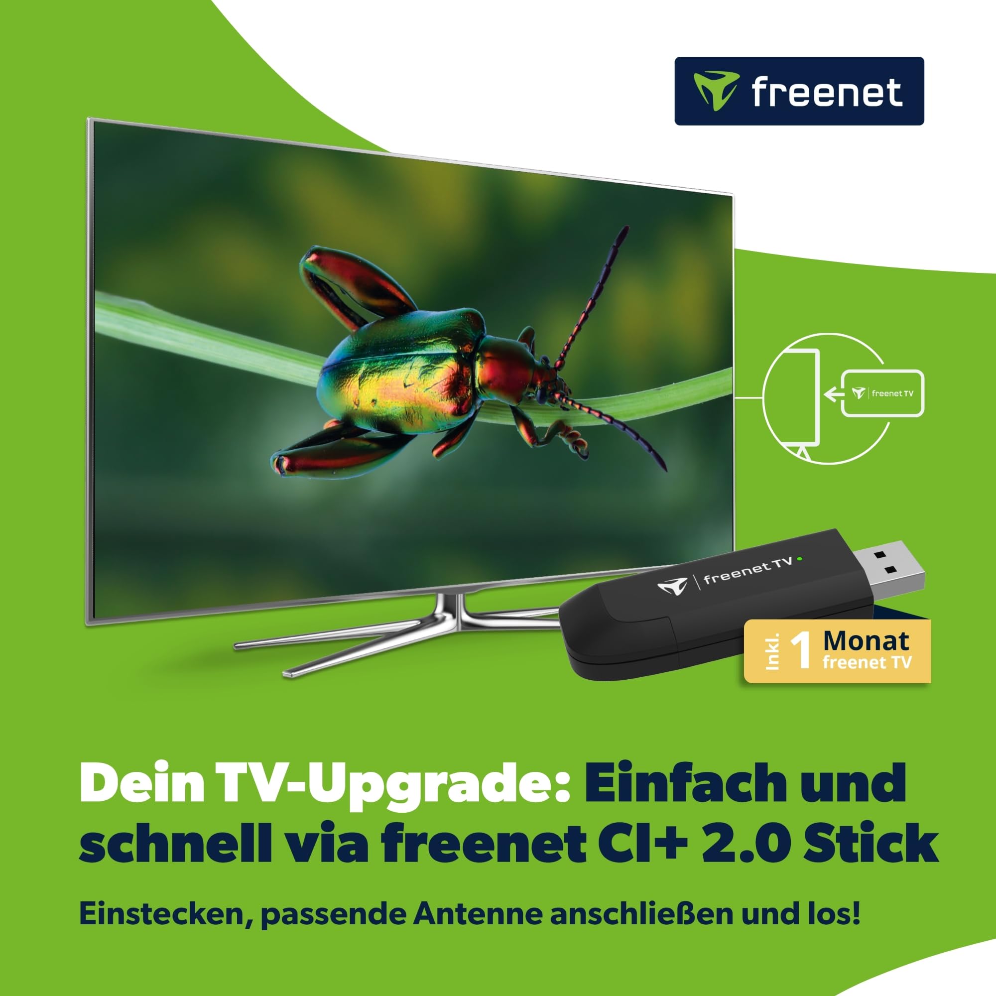 Freenet TV CI+ 2.0 USB Stick DVB-T2 HD, 1 Monat freenet TV inklusive, USB-TV-Empfang für kompatible Geräte, Antennenfernsehen in Full HD