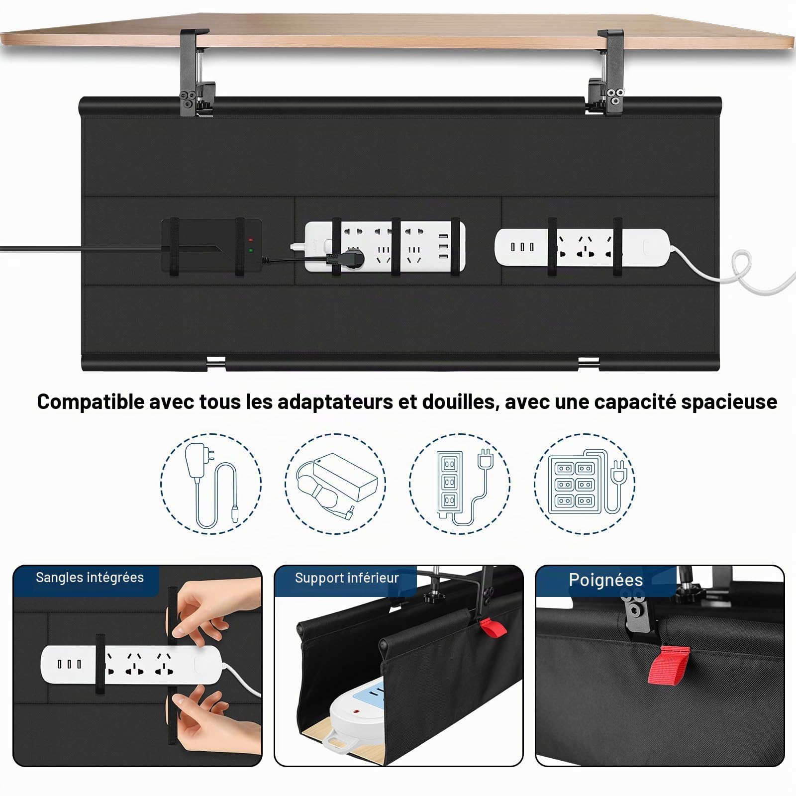 Fentar Range Cable Bureau 90cm, Rangement Cable Management Bureau Sans Perçage, Support Multiprise Sous Bureau en Tissu Oxford Solide, Chemin de Câble avec Attache Adhésif pour Maison Gaming PC Gamer