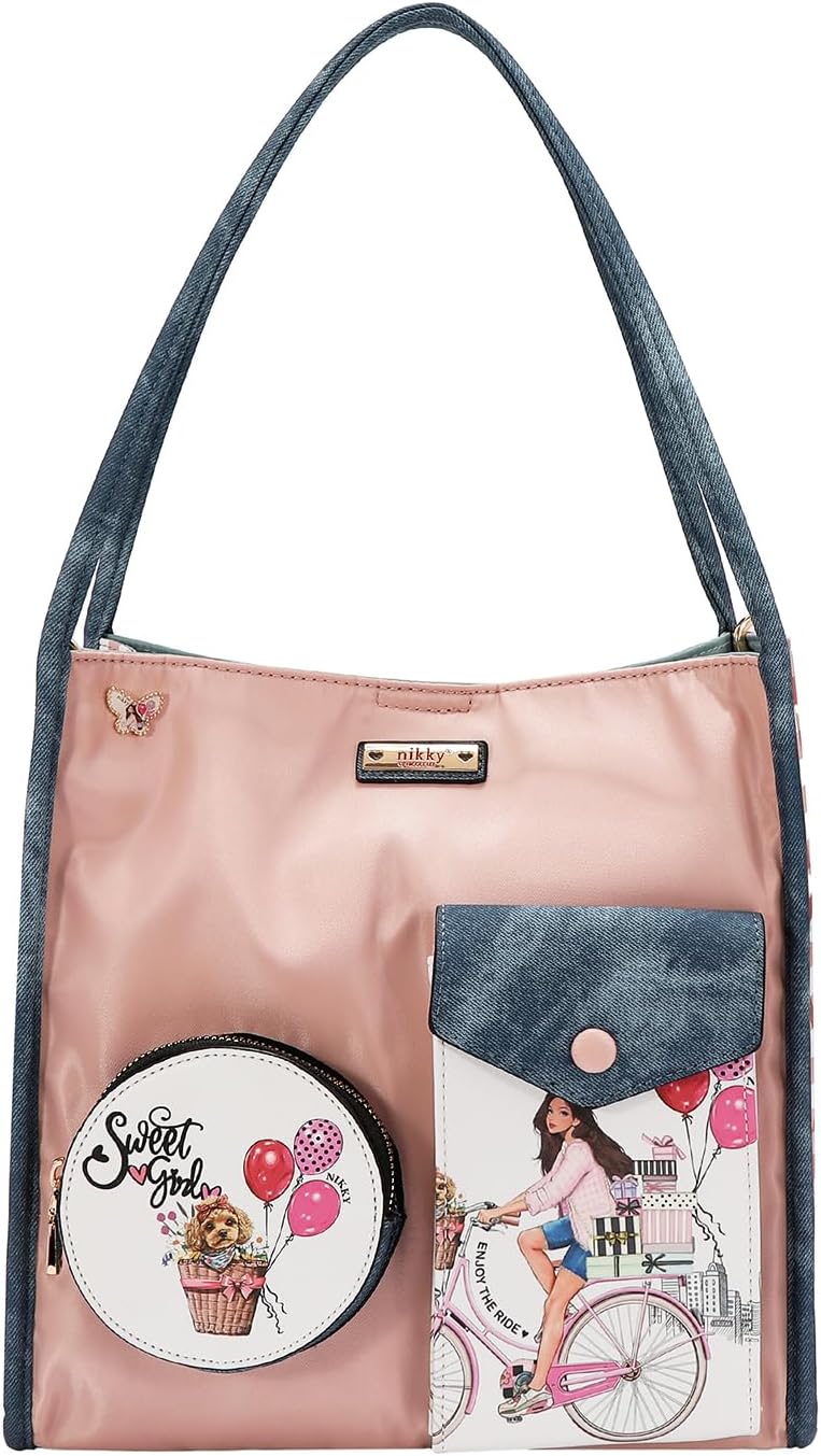 Nicole Lee Nikky 2 Piece Shoulder Bag, Sweet Girl Print, Magnetic Clasp, Adjustable Strap, with Matching Pouch (SWEET GIRL)