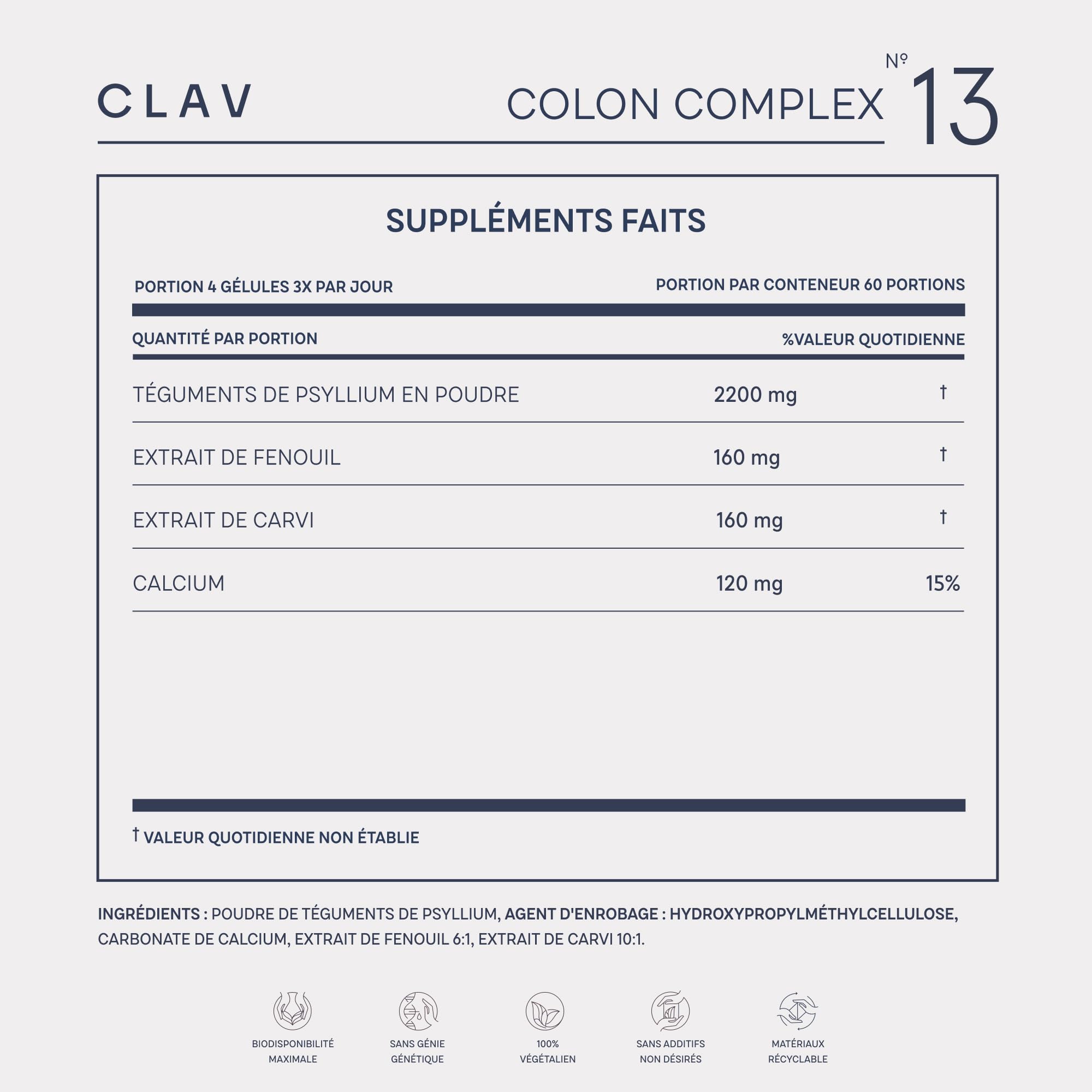 Psyllium Colon Complex - 2200mg Psyllium Blond par jour - Digestic Formule avec Calcium et Extrait de Cumin et de Fenouil - Digestion,Transit, Constipation, Confort Digestif - 120 Psyllium Gelules