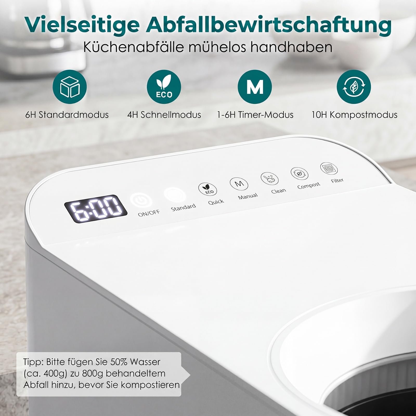 COSTWAY Elektrischer Komposter 3L, geruchloser Küchenkomposteimer mit Bedienfeld, Sichtfenster & 5 Modi, Komposter, 90% verwandelt Lebensmittelabfälle in Dünger, Küchenabfallentsorger für Zuhause