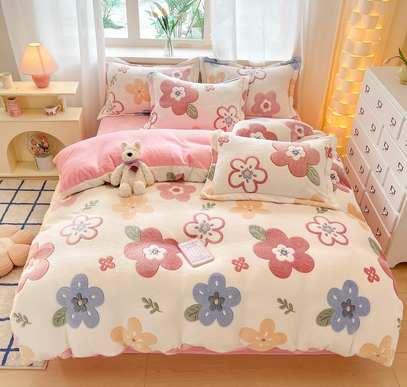 Pink Duvet Cover Queen, Floral Bedding Sets, Ultra Soft Fluffy Comforter Covers Kawaii Cute Bedding Sets for Girl Kids (Flower, Queen)