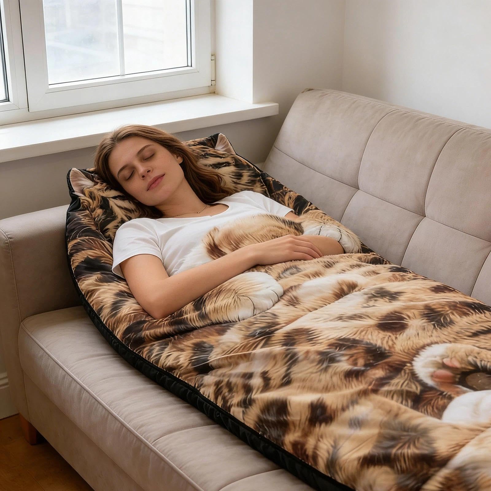 Sac de Couchage Doux pour Adulte, enveloppe de Chat en Peluche,Sac de Couchage pour,enveloppe Sac Couchage Adulte Hiver en Forme de Chat,Cat Shaped Plush Sleeping Bag for Adults