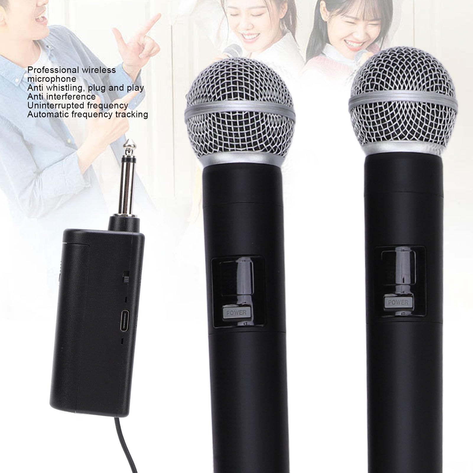 Bezprzewodowy Mikrofon Dynamiczny, Ręczny Mikrofon do śpiewu z redukcją Szumów, Kryształowymi Osłonami i Odbiornikiem do Karaoke, przemówień i Wykładów