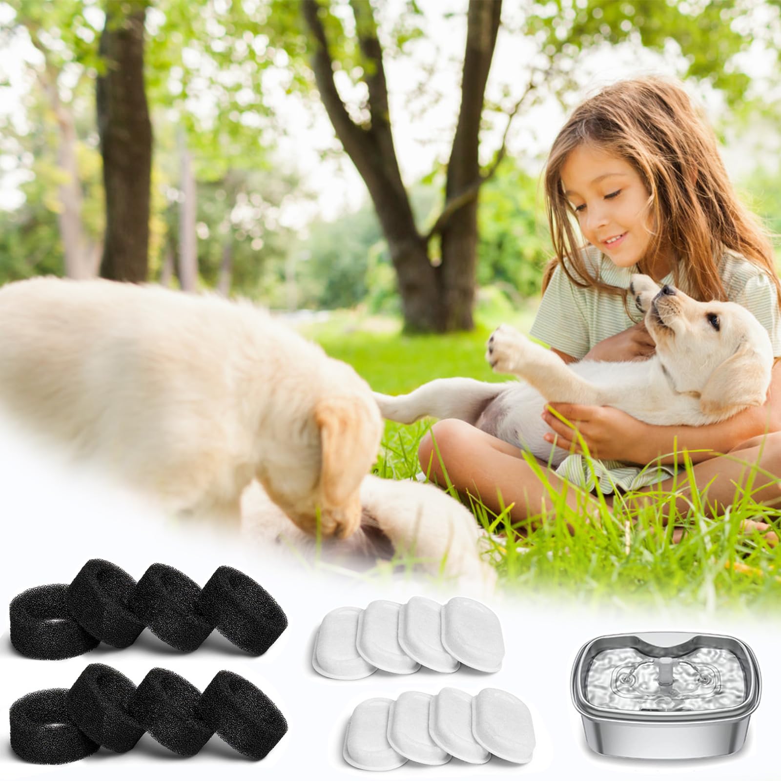 MXTIMWAN 16 Piezas Filtros de Fuente para Gatos, 8 Filtros de Carbón y 8 Esponjas de Espuma para 3,2 L Fuentes de Acero Inoxidable, Filtros Fuente con Carbón Activo