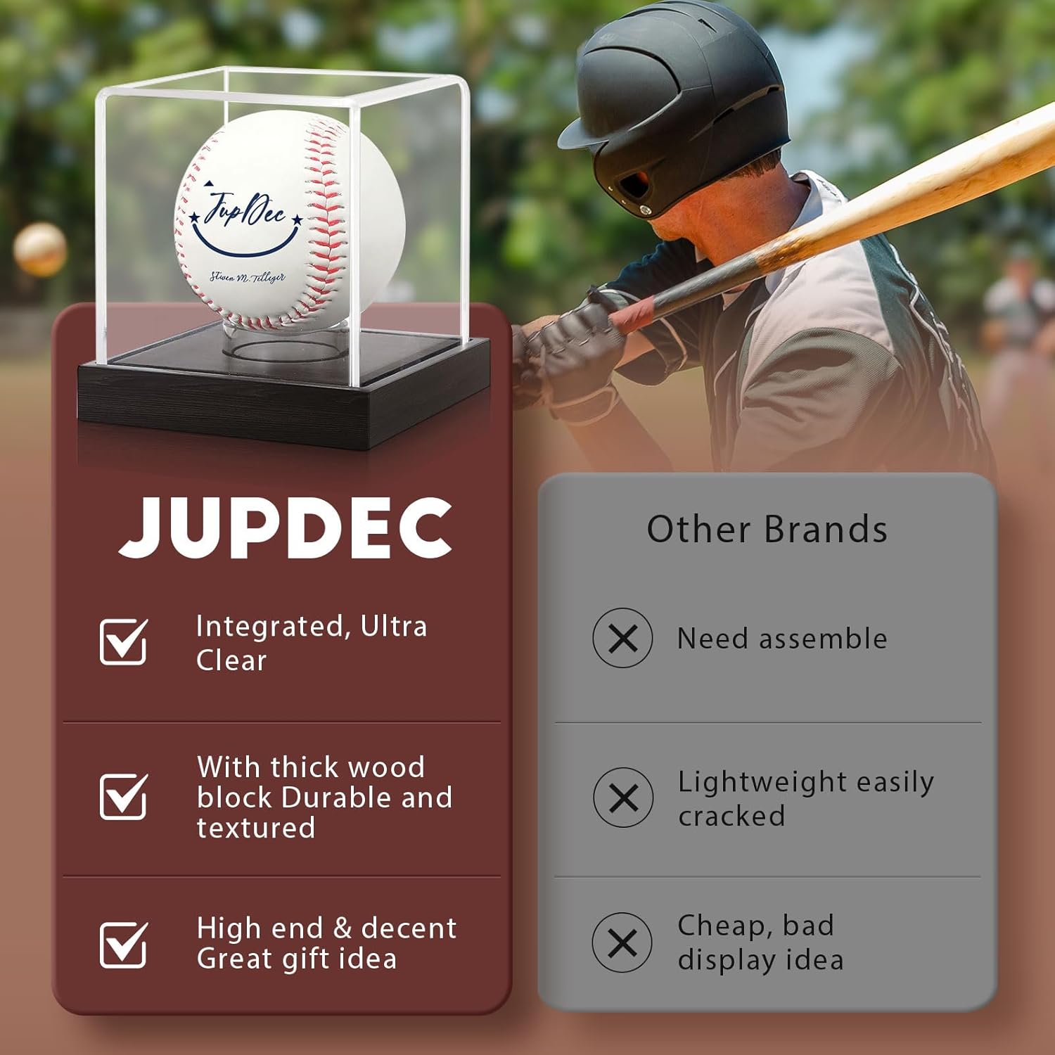 JupDec Baseball Display Case, Clear Cube Baseball Holder with Wooden Base, Autograph Baseball Stand Box for Single Ball, Acacia Wood, Black, 1 Pack - Image 6
