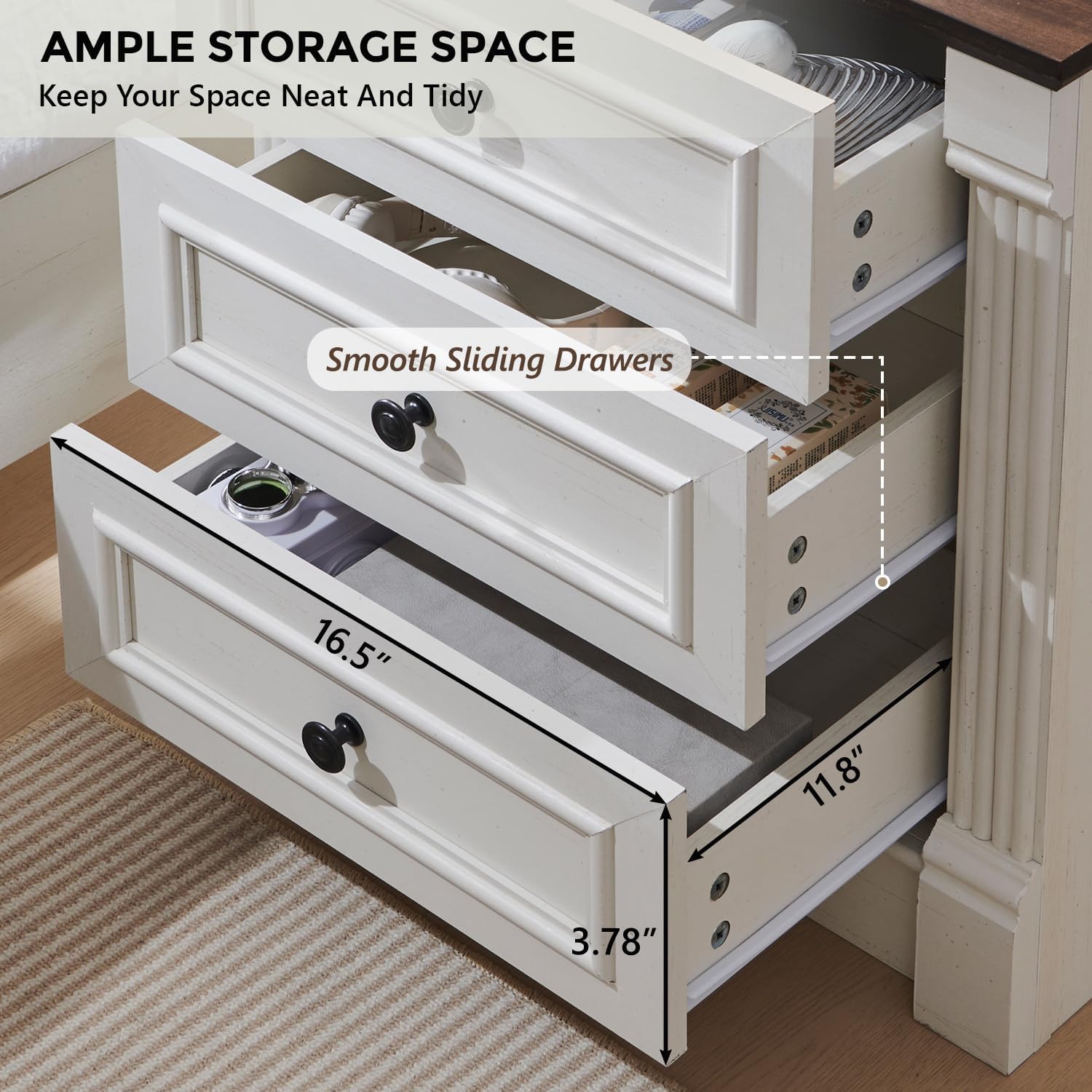 26" Tall Farmhouse Nightstand Set of 2, 3 Drawers End Table w/Charging Station, 23.6" Wide Large Side Table w/Roman Column, Wood Rustic Sofa Table for Bedroom, White - Image 6