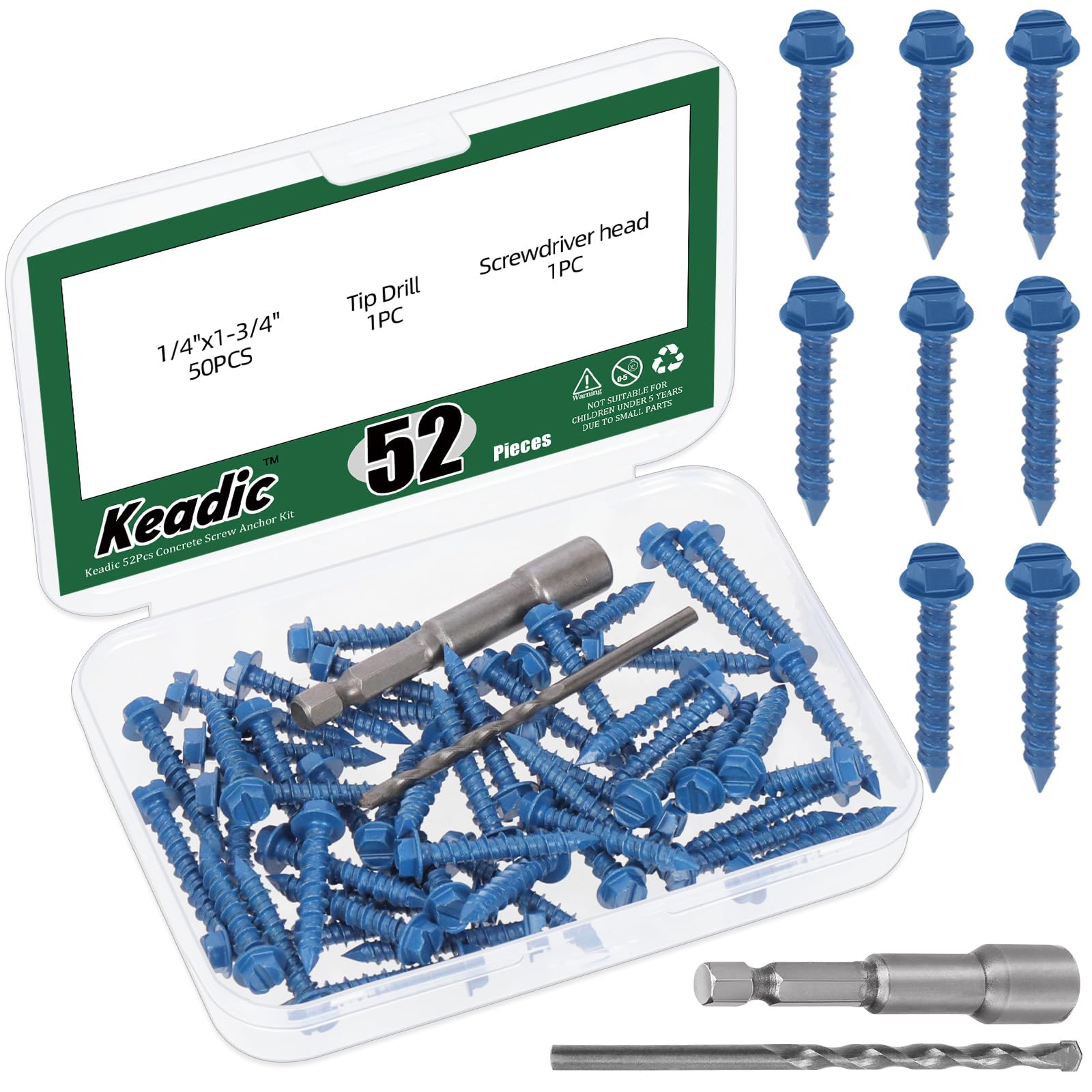 Keadic 50 PCS 3/16" Slotted Hex Washer Head Concrete Screws Anchor & Drill Bit Set - Perfect for Anchoring to Masonry, Block or Brick Stucco,Secure Fastening on Concrete (Blue,Long 32mm/1-1/4in)