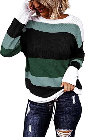 Dokotoo Women's Striped Fall Winter Sweaters with Drawstring