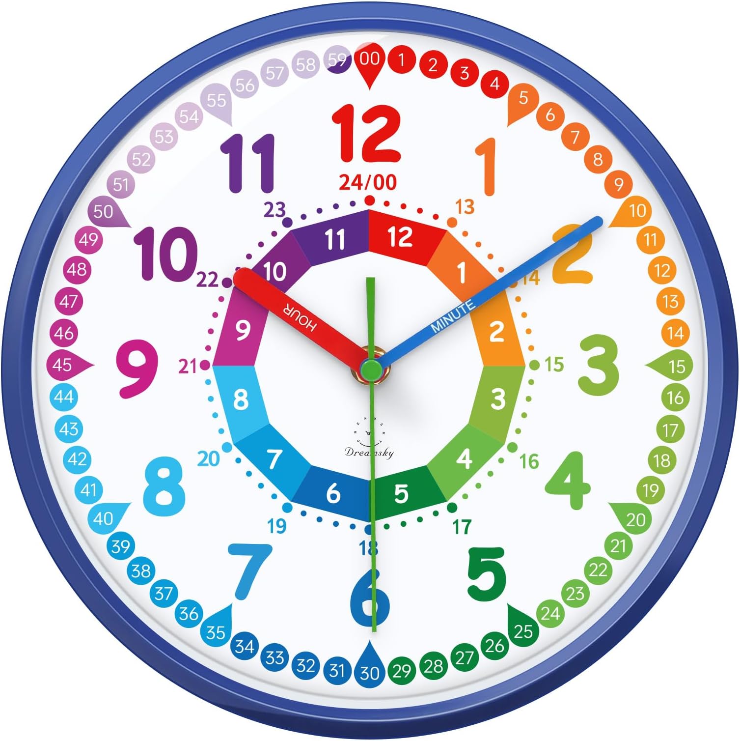 DreamSky Teaching Clock for Kids Learning to Tell Time - Silent Analog Clock for Kids Room Decor/Bedroom/Classroom/Playroom, 10 Inches Colorful Wall Clock Helps Kids Easier to Tell Time