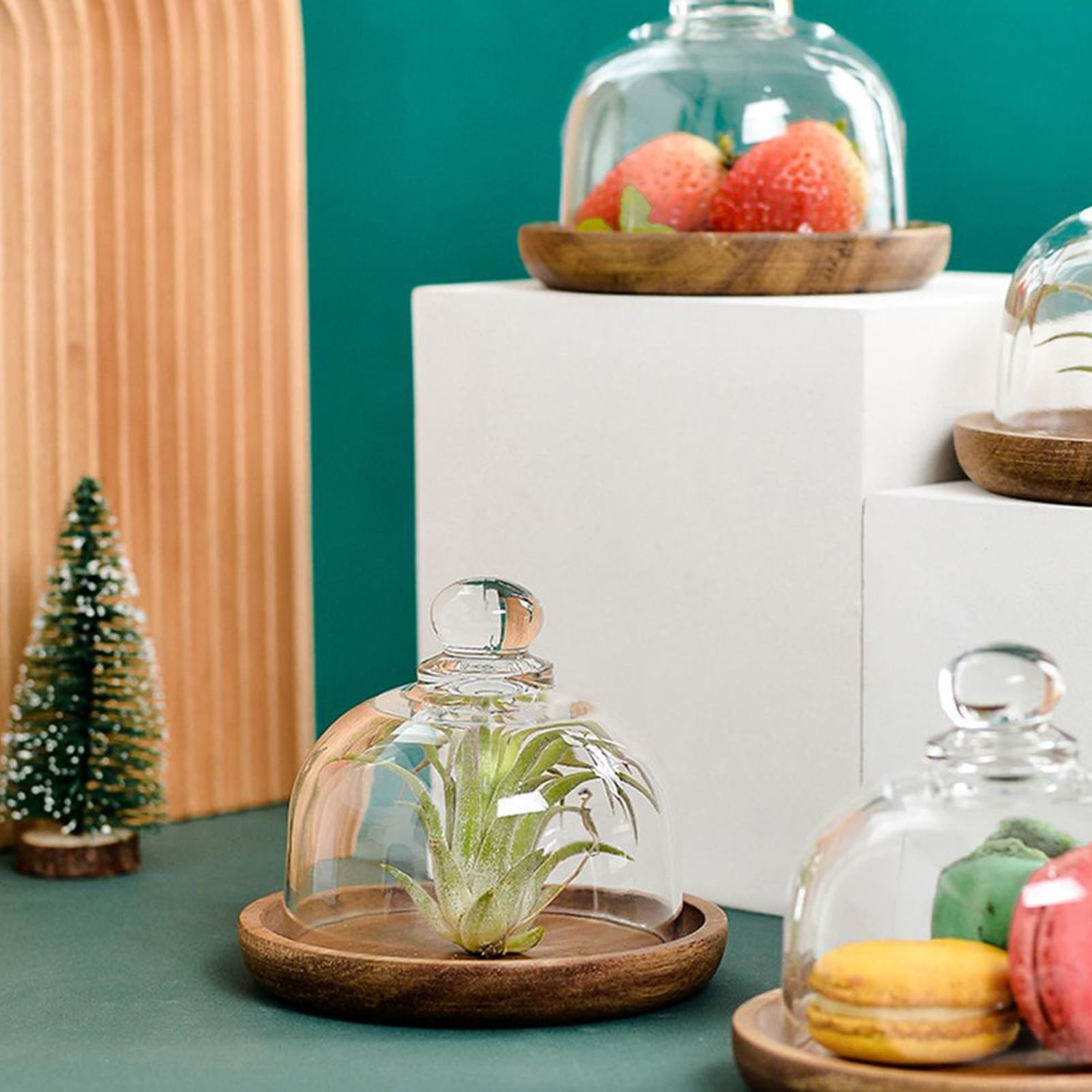 Présentoir à gâteaux en bois avec dôme en verre – Plateau de service multifonction pour cuisine, fêtes d'anniversaire, mariages, événements, tartes, apéritifs – 12 cm