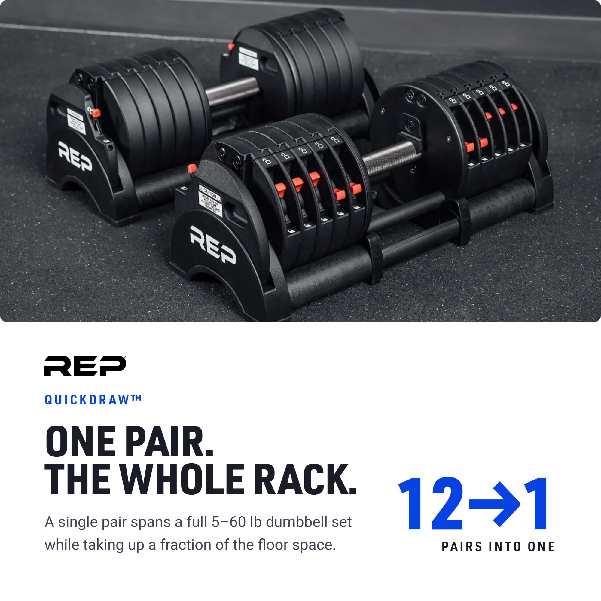 QuickDraw Adjustable Dumbbell Set, Pair, 30/40/50/60 lb Each, Steel Plates, Knurled Handle, Lock-N-Load Switch, Space-Saving Compact Free Weights, Strength Training, Home Gym, Men & Women