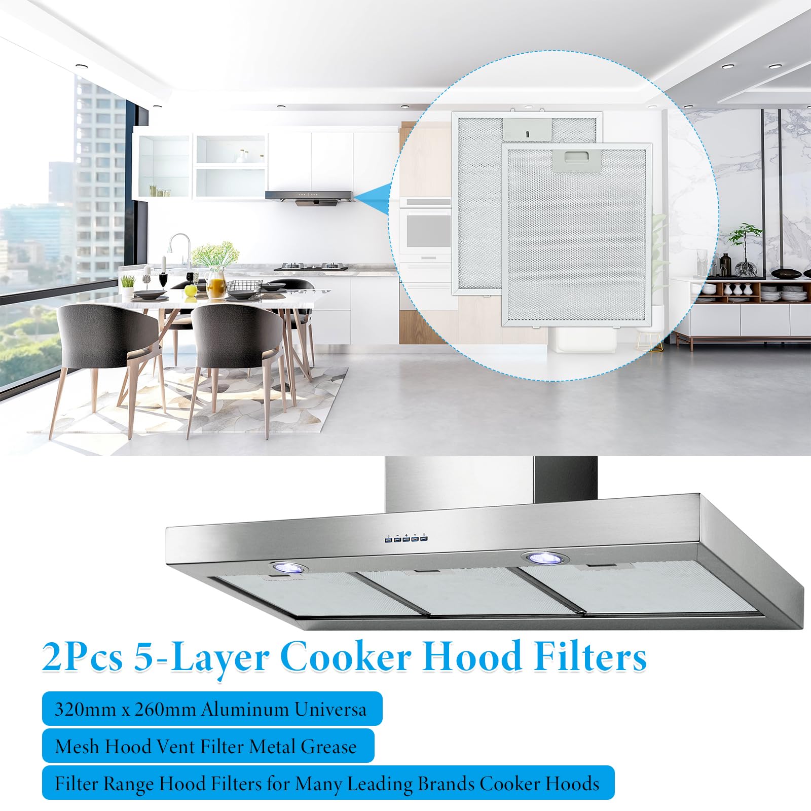 Filtro de aluminio de 5 capas para campana de cocina, 2 piezas, filtro antigrasa de metal, 320 x 260 mm, filtro universal para campana de cocina adecuado para muchas marcas líderes de campanas de