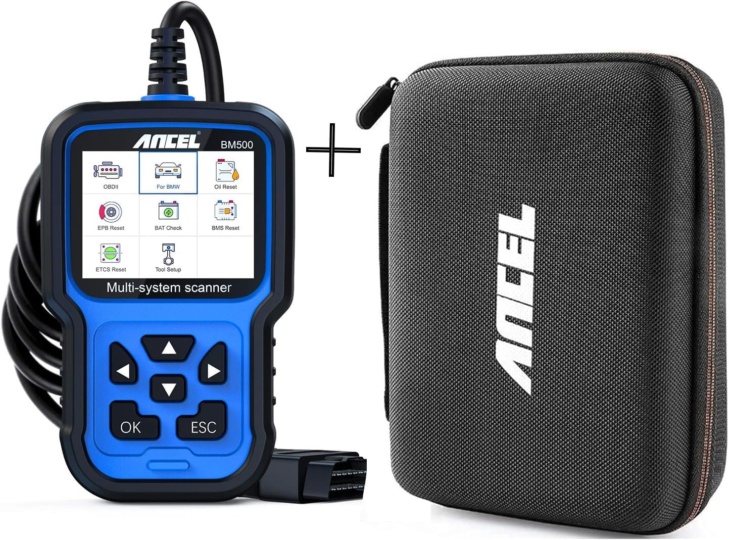 ANCEL BM500 All System OBD2 Scanner for BMW Mini with ANCEL Case for OBD2 Scanner, Protective and Storage Box (L) for All ANCEL Products
