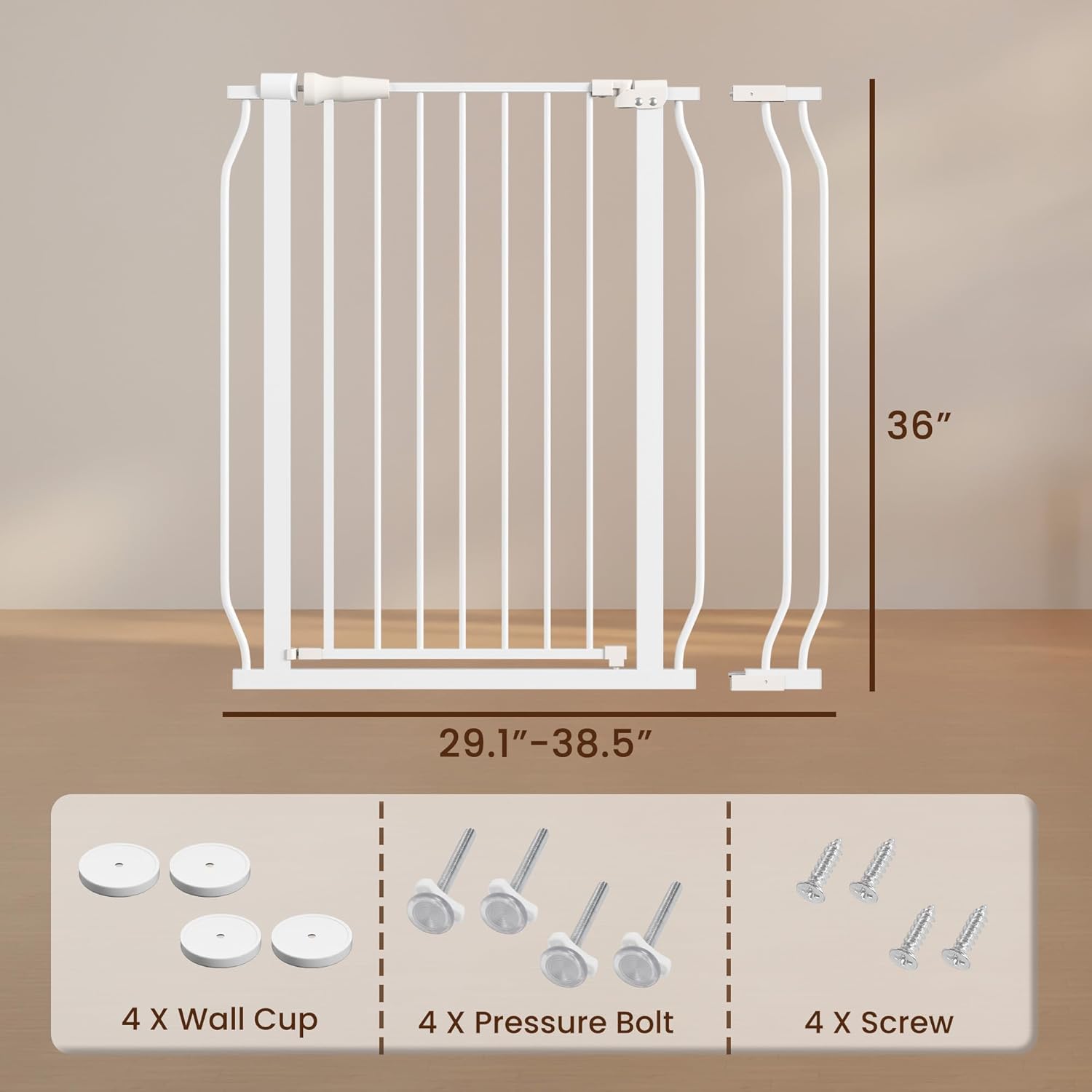 ELEVON Baby Gate for Stairs Doorways, 29.1–38.5" Extra Wide 36” Tall Dog Gate with Auto-Close, Pressure Mounted Walk Through Pet Gate, White