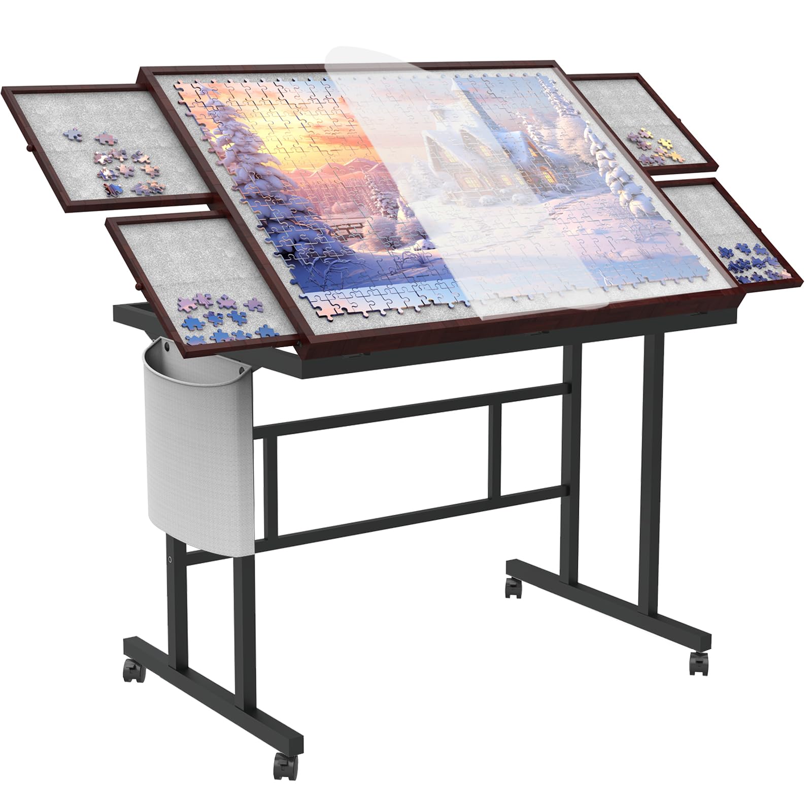 Jigsaw Puzzle Table 1500pcs with Legs and Storage Pocket,5 Adjustable Up Level Puzzle Tables for Adults with Drawers and Wheels,Board Game Table,Coffee Color