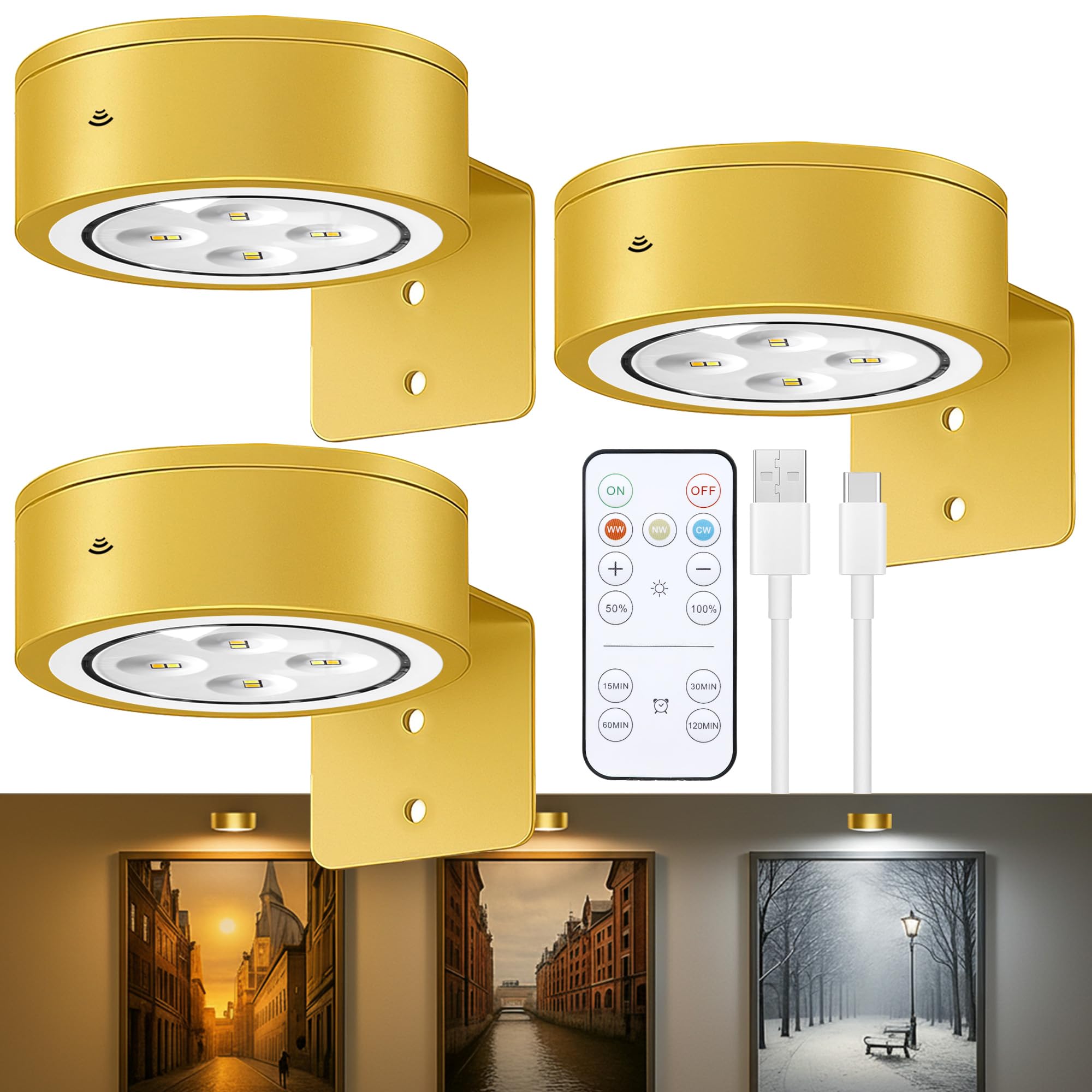3-Pack Picture Lights for Wall, Rechargeable Battery Operated Led Painting Light with Remote Dimmable ＆ Timer, 3 Lighting Modes Magnetic Art Display Light, Wall Decorative Lighting for Picture,Frame