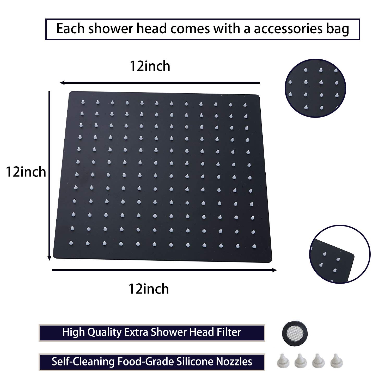 Blucky - Soffione doccia a pioggia quadrato da 30,5 cm, in acciaio inox 304, ultra sottile, ad alta pressione, nero opaco, per bagno