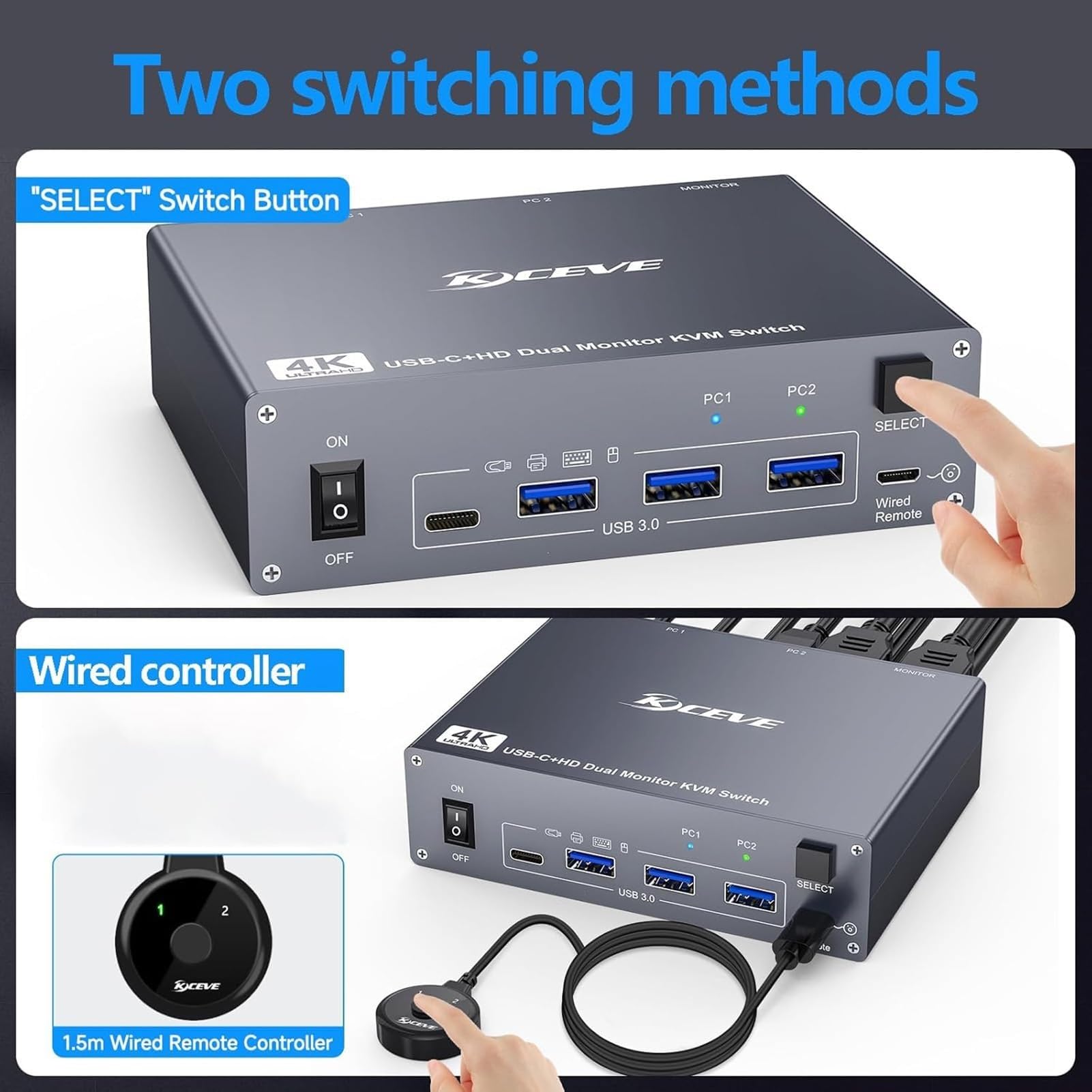 Synchronizator USB do przełącznika KVM - do 2 monitorów i 2 komputerów, podwójny monitor, 4K przy 60 Hz, stacja dokująca do przełącznika Podwójny monitor 7 w 1