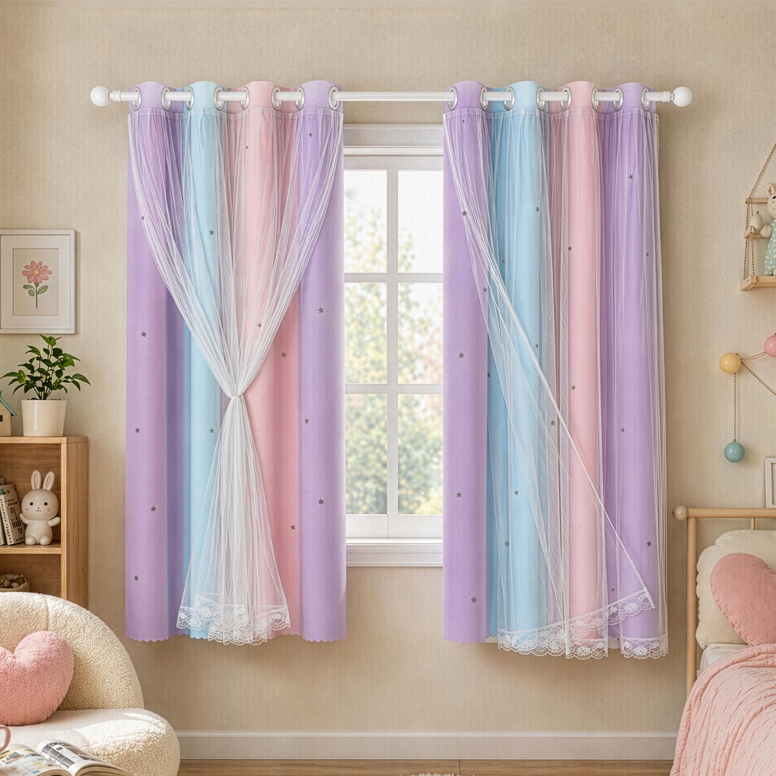 EVERGOODS Rainbow Curtains，Kids Curtains for Girls Bedroom – 2 Panels Rainbow Blackout Curtains with Sheer Layer, Laser Cut Stars, Pink & Purple Princess Room Decor, 80% Light Blocking (132x160cm)