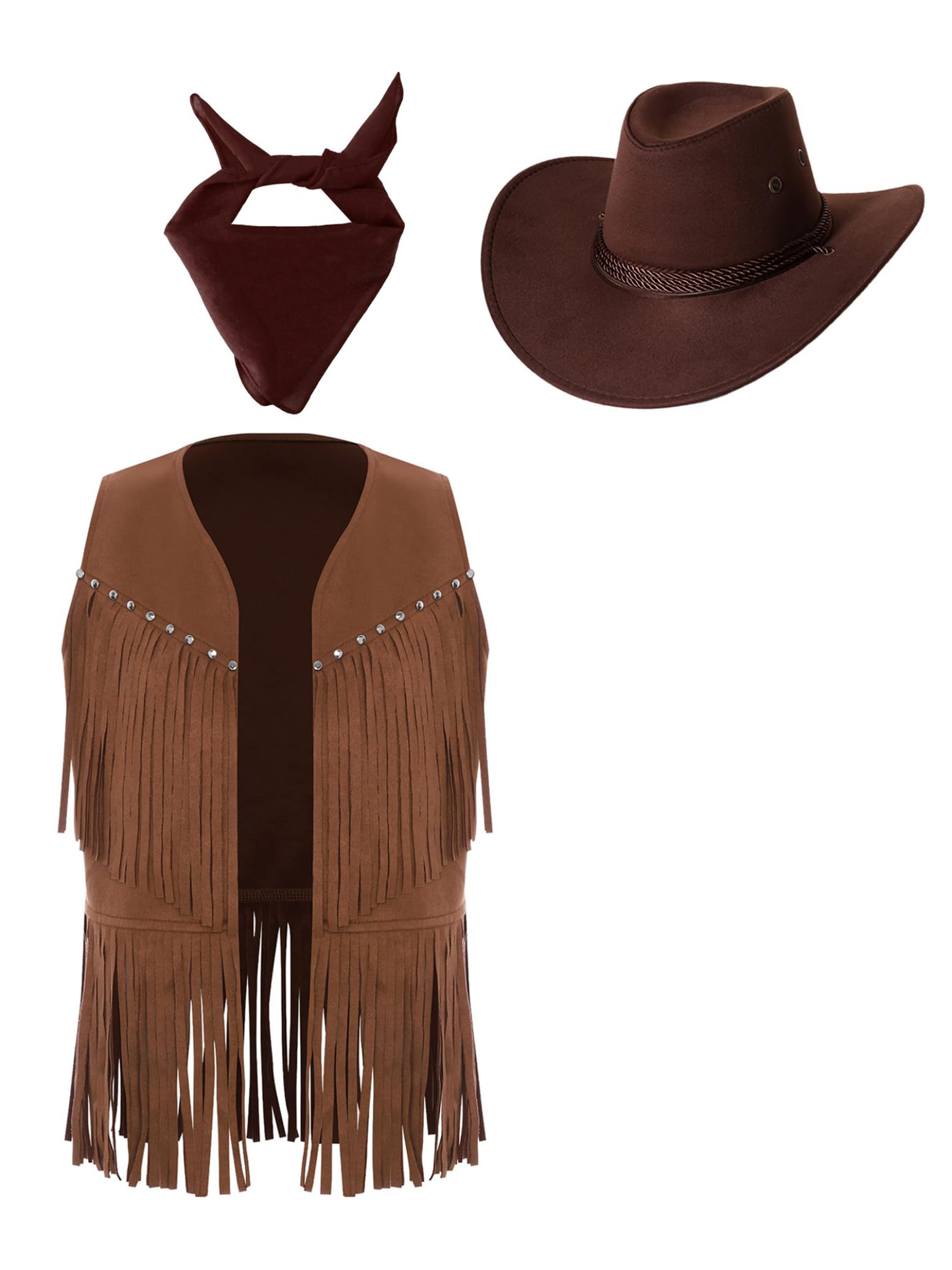 3 Pièces Déguisement Cowboy Gilet Sans Manche Vache Enfant Avec Chapeau Bandana Carnaval Costumeenfant 6-16 Ans