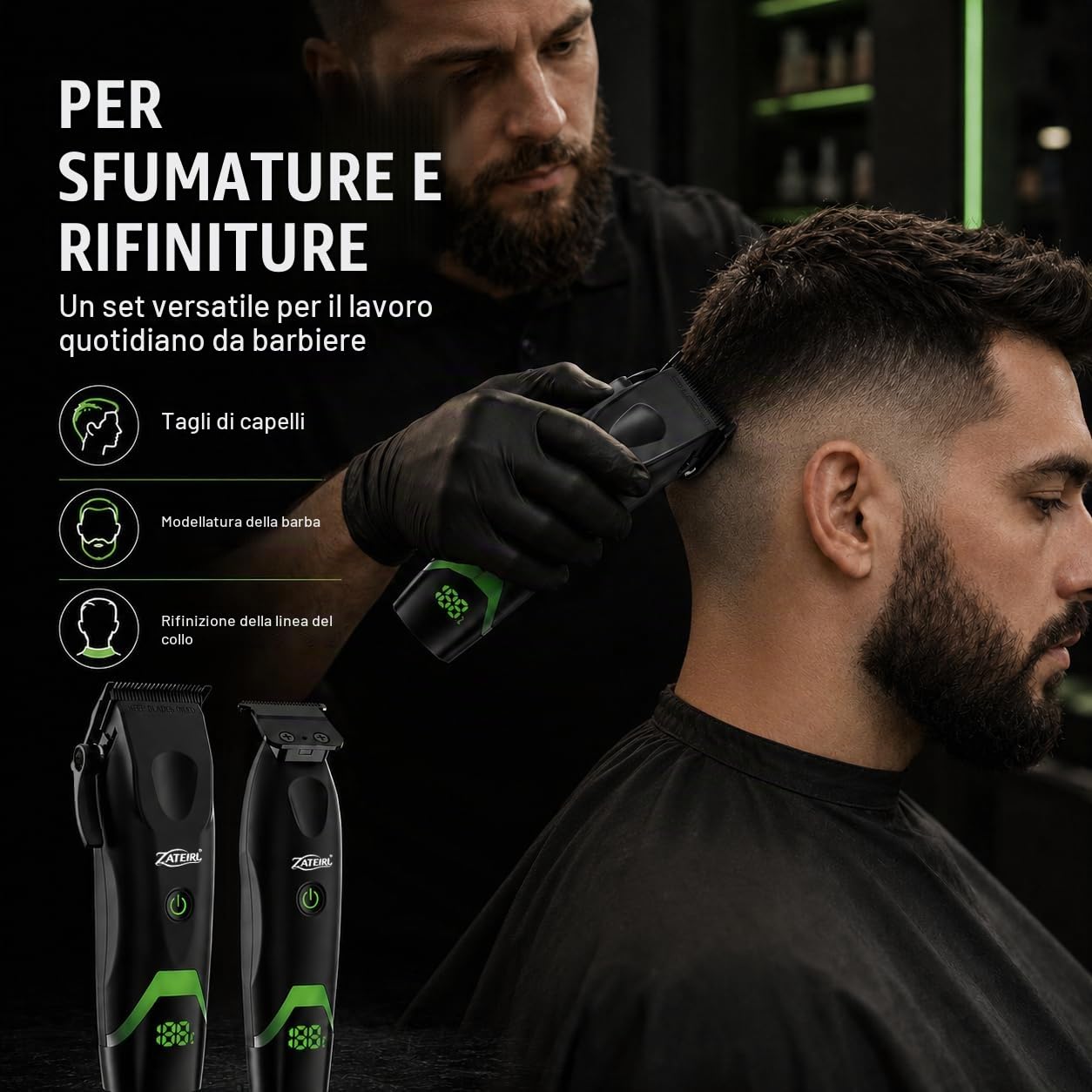 Tagliacapelli professionale da uomo, senza fili, con lame di precisione, ricarica USB, set di pettini guida, per uomini e donne, nero