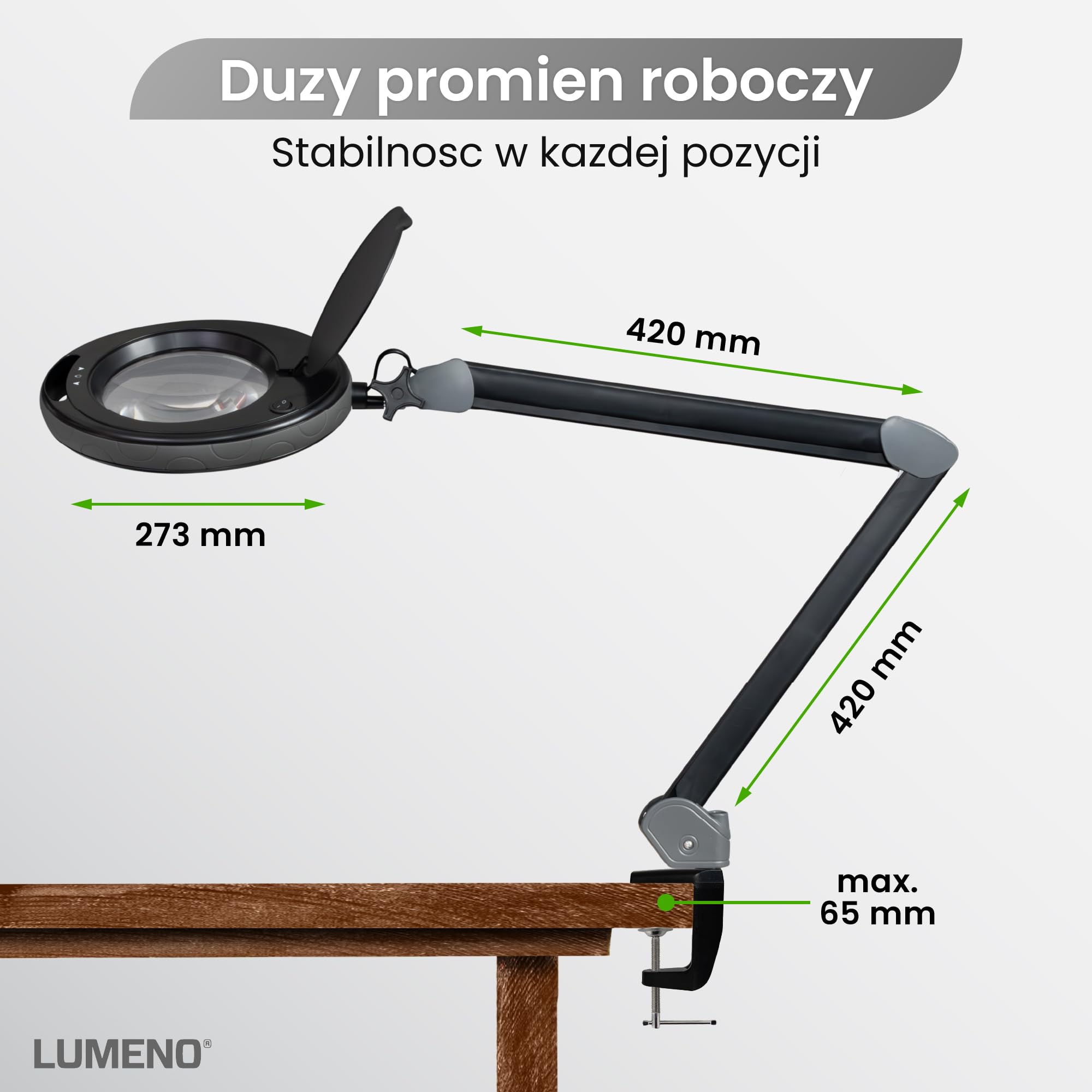 Lumeno ściemnialna lampa powiększająca LED 8513SW z dużą soczewką z szkła 152 mm, regulowane poziomy jasności, odpowiednia jako lampa robocza, lampa lupa, pomoc do czytania, 3 dioptrie, czarna