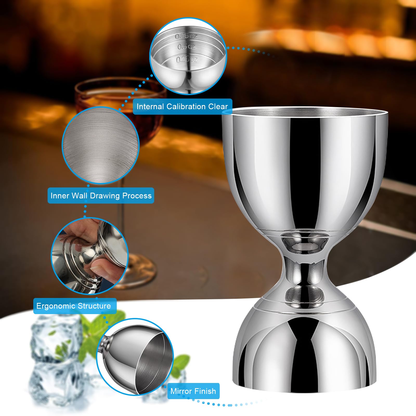 Jigger de cóctel para bartending, 1oz y 2oz plata acero inoxidable doble jigger,Bar Jigger con 0.25 oz, 0.5 oz, 0.75 oz y 1.5 oz marcas de medición interiores, Jigger de medición de cóctel con cuchara 3