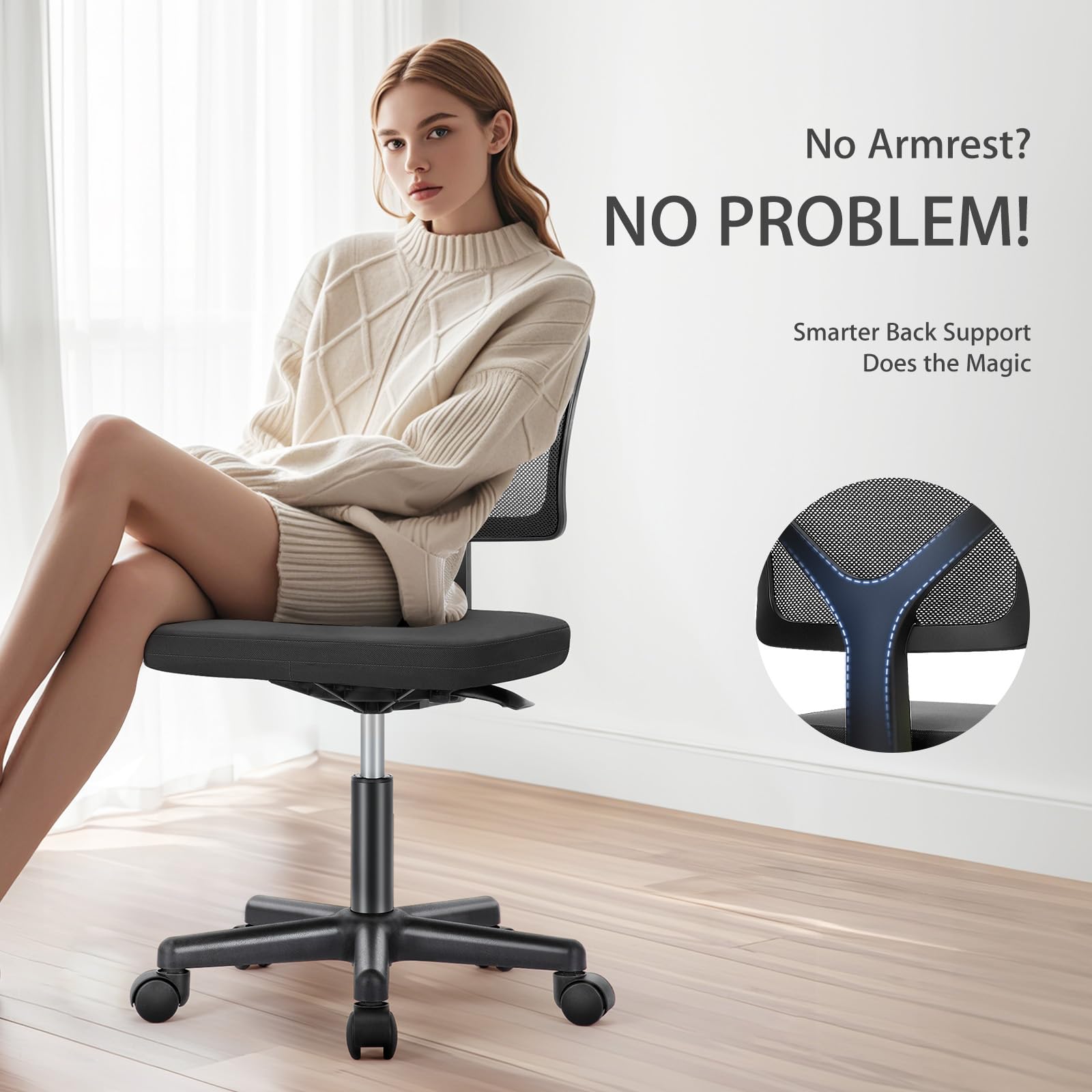 NEWBULIG Home Office Desk Chair, Armless Ergonomic Swivel Computer Chair with Wheels, Adjustable Height and Low-Back Mesh Design, Rolling Chair with Lumbar Support and Comfortable Seat, Black