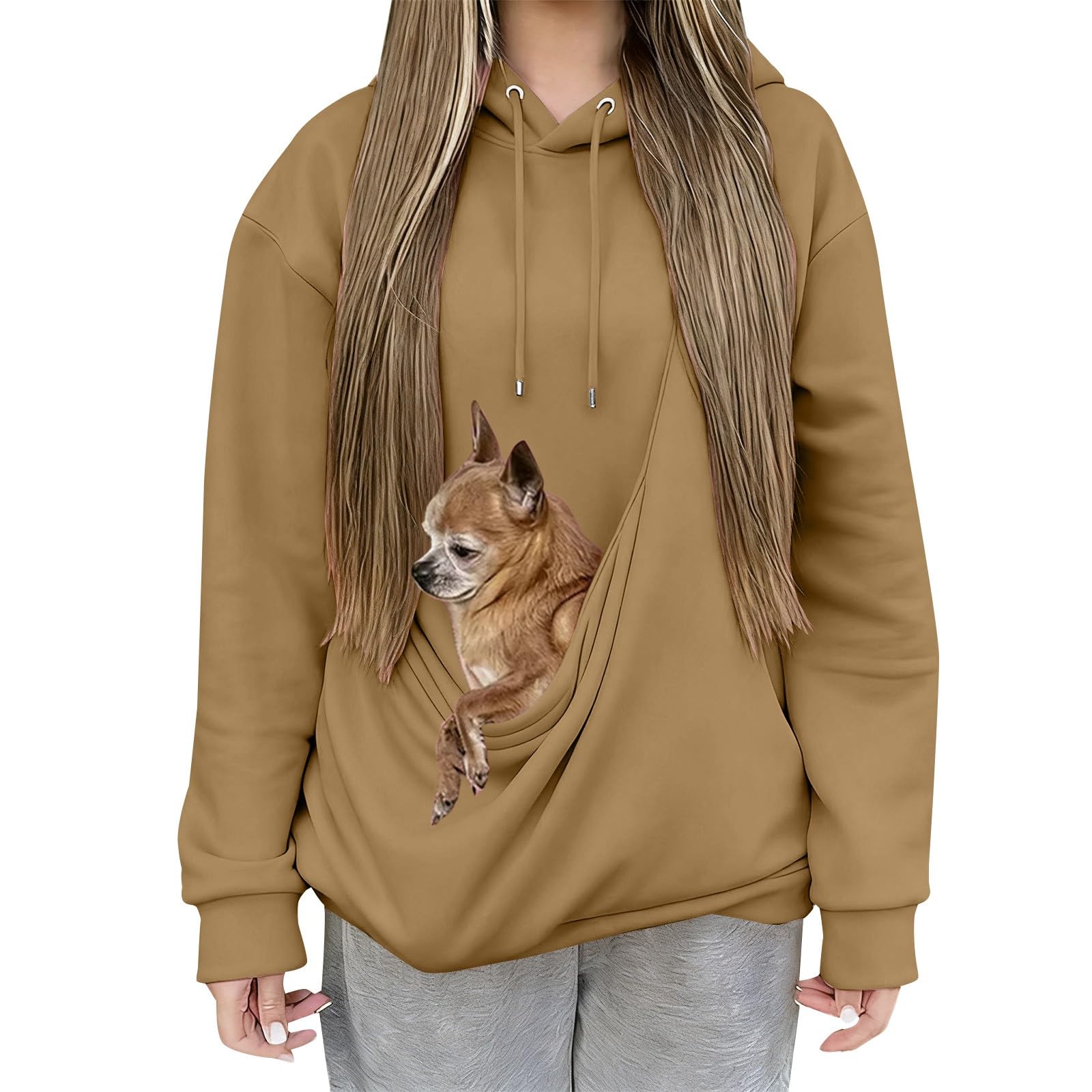 Sweat à poche chat et chien, pull manches longues kaki XXXL confortable