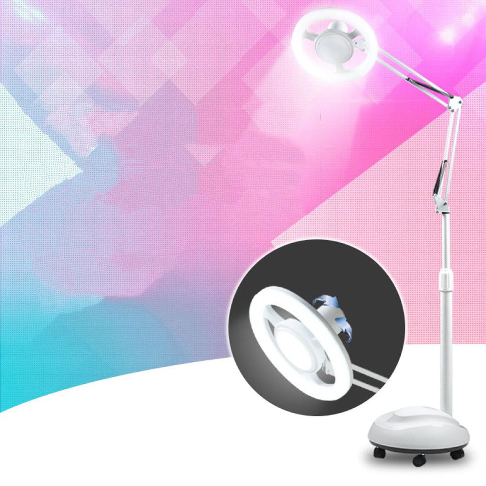 Lampada con lente d'ingrandimento di bellezza, luce fredda a LED, luce cosmetica di bellezza rotante con lente d'ingrandimento Lampada con lente d'ingrandimento da terra su ruote per la bellezza