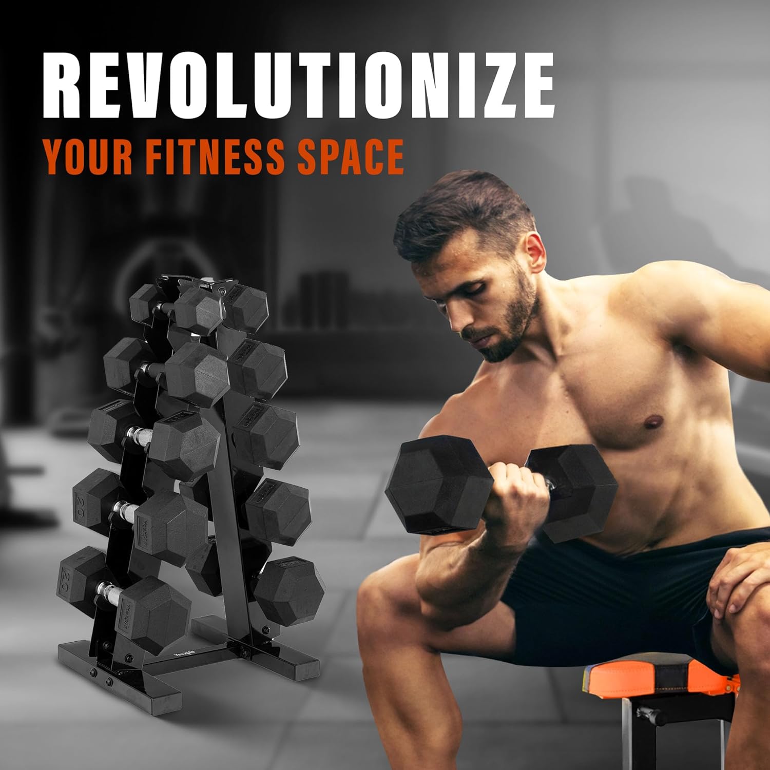 Pangguna nempatkeun dumbbell dina rak di rohangan kabugaran