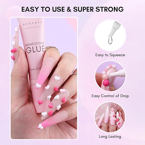 Miniatura 4 de Makartt Kit de pegamento de diamantes de imitación de 0.5 onzas líquidas de pegamento de uñas de gel con dijes de uñas de corazón 3D y decoración de