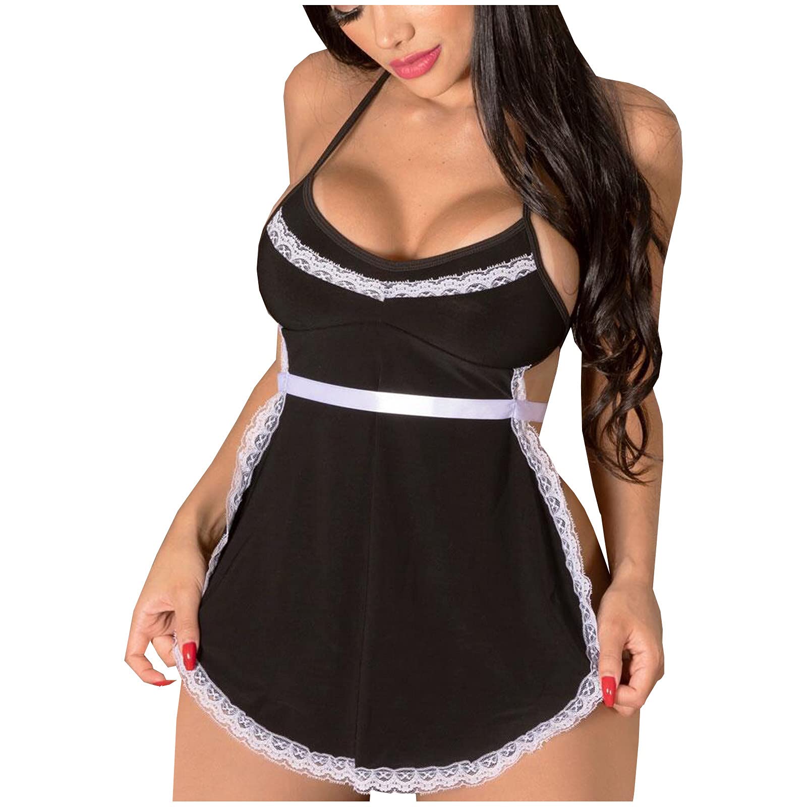 wodceekeWomen Floral Embroidery Babydoll Lingerie Sexy Mesh Chemise Nightgown Boudoir Pajama Dress for Sex Naughty Black