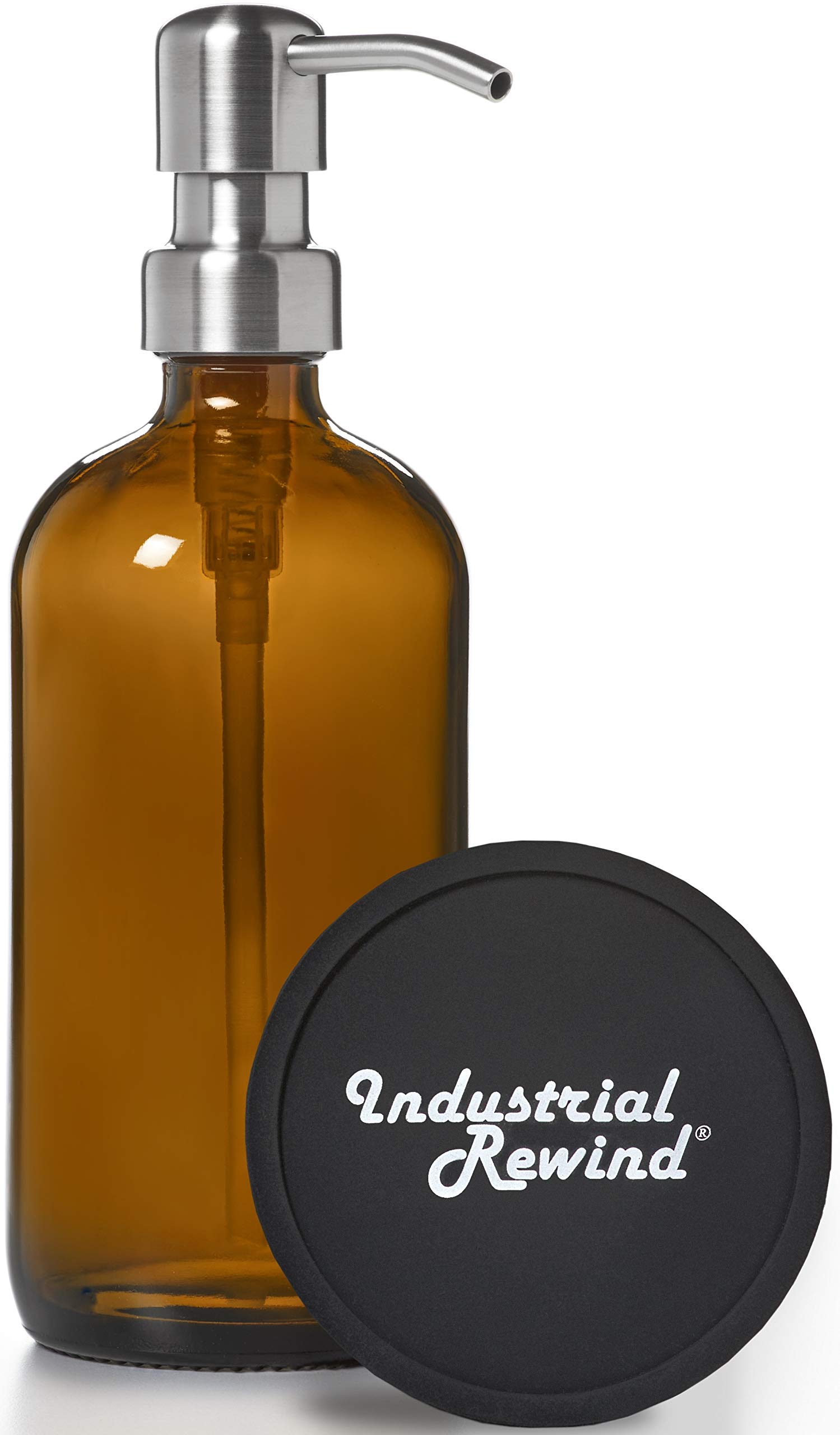 Industrial Rewind Amber Soap Dispenser with Stainless Metal Pump and Non Slip Coaster -Brown Lotion Bottle 16oz