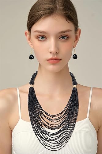 Vista 2 de Bocar Collar para mujer, collar de múltiples capas, collar de cadena larga, collar de cuentas de semillas de babero, collar y aretes para regalo