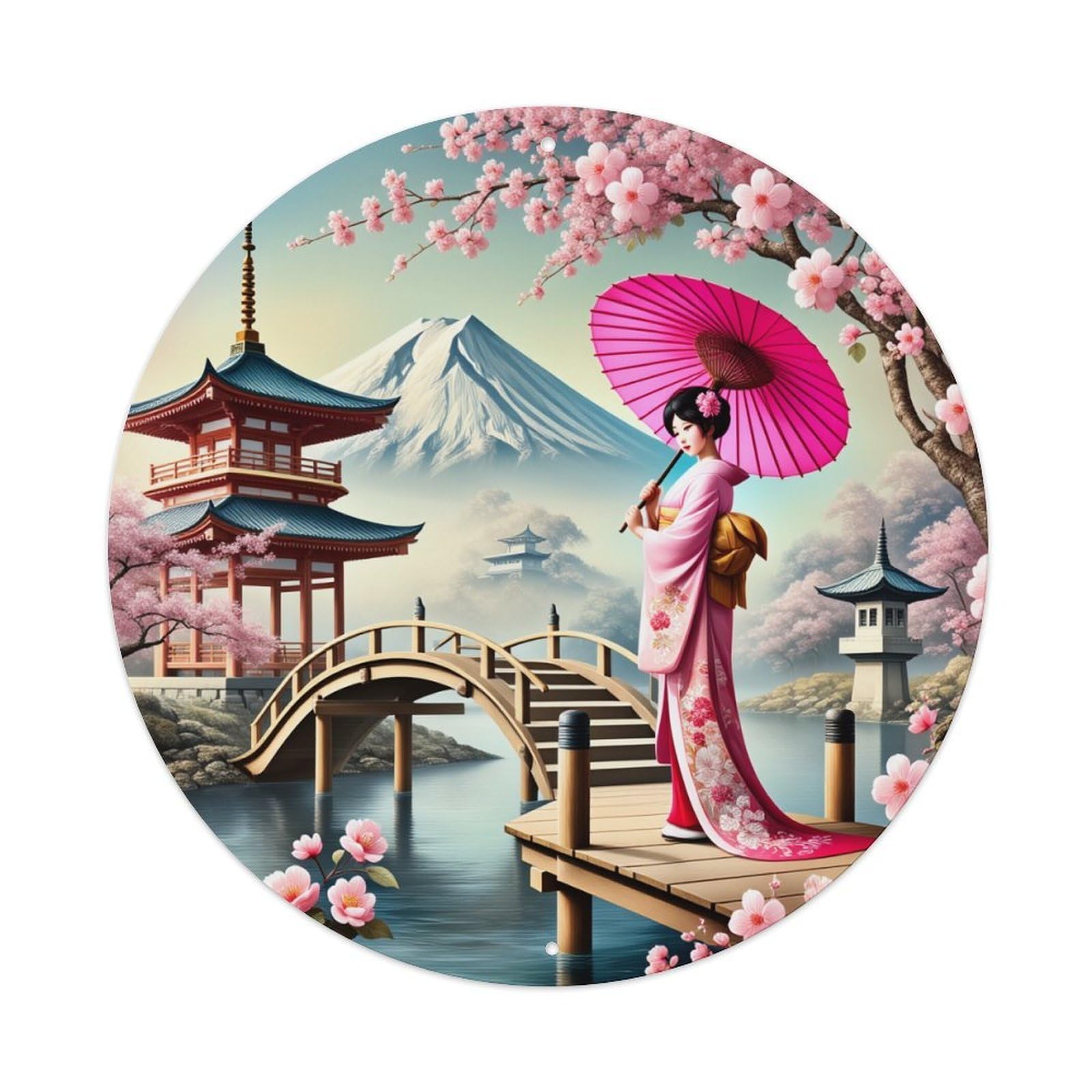 Japanese Garden Cherry Blossom Geisha Pagoda Mountain Round Tin Sign Vintage Metal Poster, Home Bar Garage Man Cave Cafe Indoor & Outdoor Wall Decoration 8x8Inches