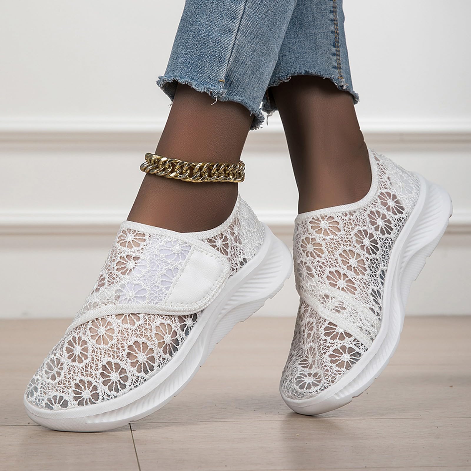 Zapatillas elegantes de encaje floral para mujer, transpirables, con correa de para vacaciones de verano y salidas casuales