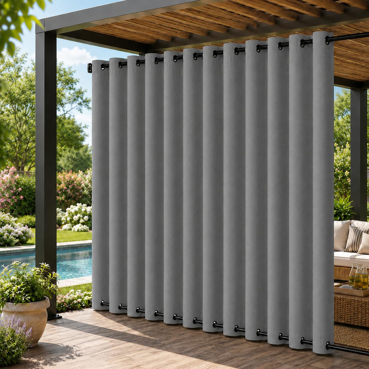 Lapalife 100 x 96 Inch Extra Wide 100% Blackout Outdoor Curtain, 260gsm Linen Waterproof Windproof Eyelet Panel for Gazebo Pergola